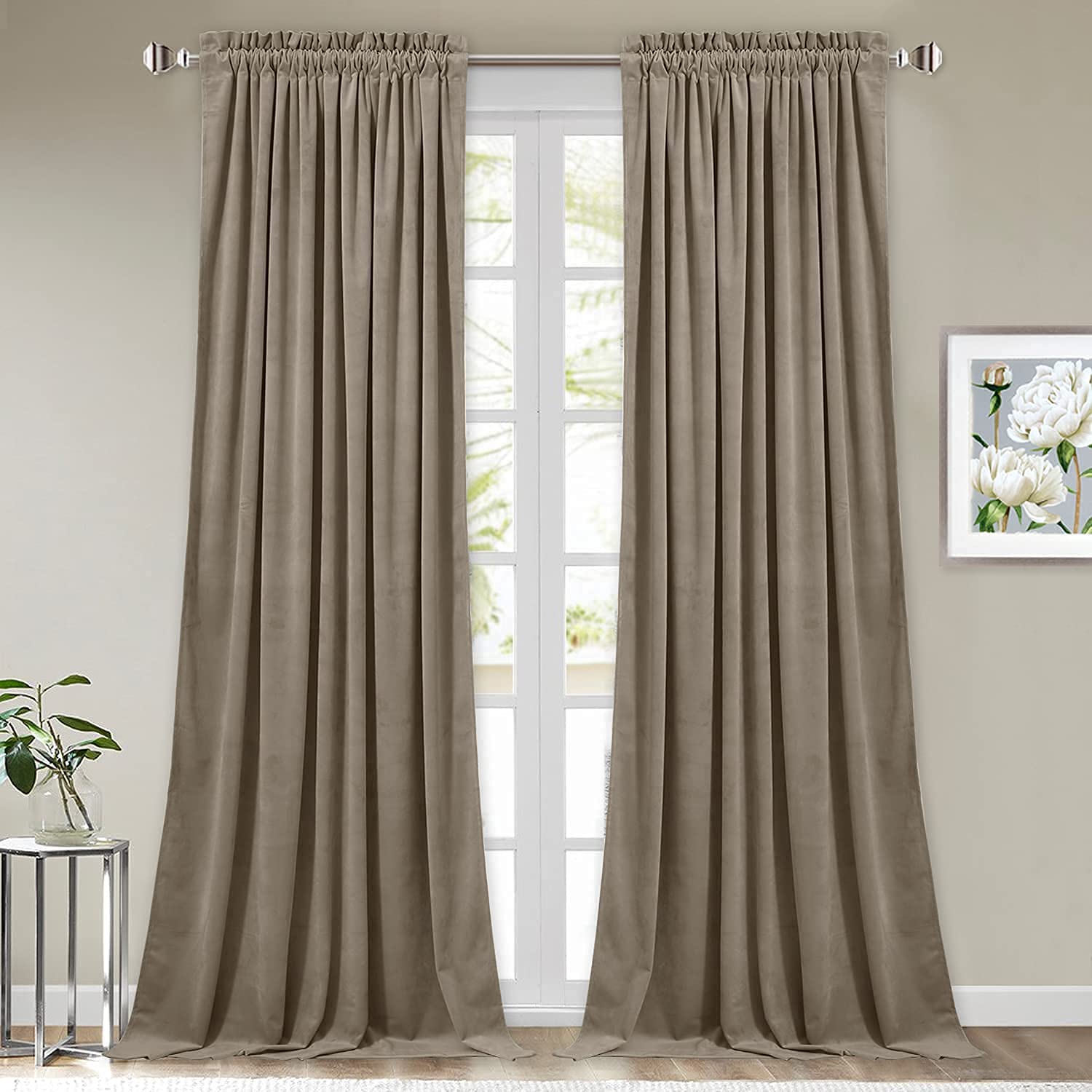 Stangh Camel Beige Velvet Bedroom Curtains - Room Darkening Decorative Window Curtains 96 Inches Heavy Duty Summer Heat Blocking