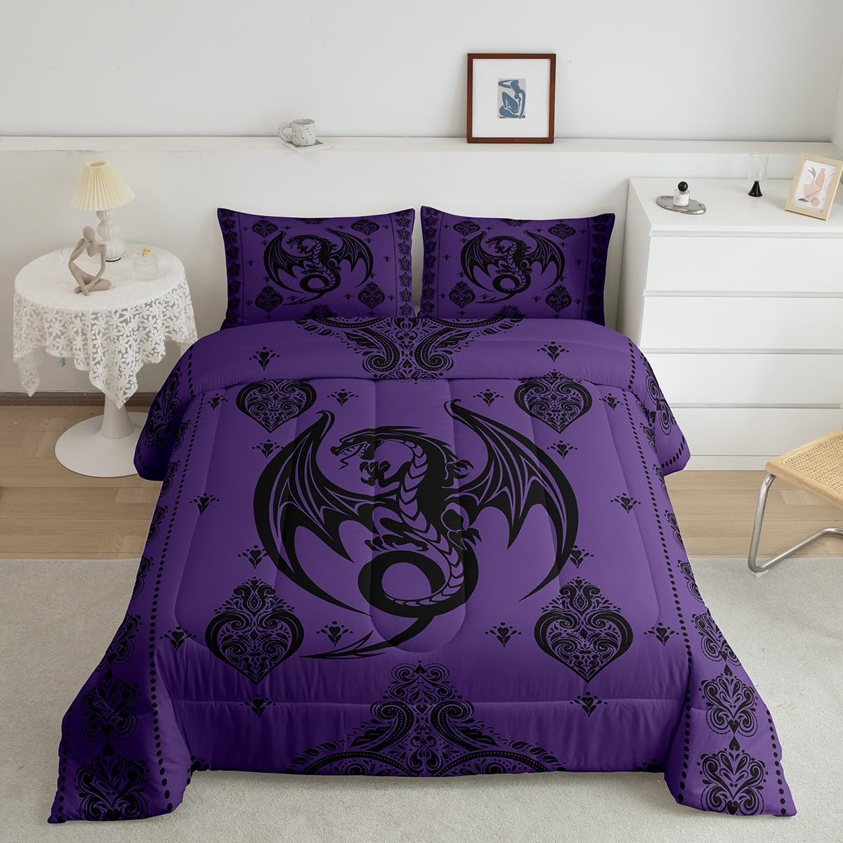Purple Black Dragon Comforter Set Queen Size,Vintage Boho Floral Print Bedding Set 3Pcs,Paisley Pattern Quilt Set For Kids Boys