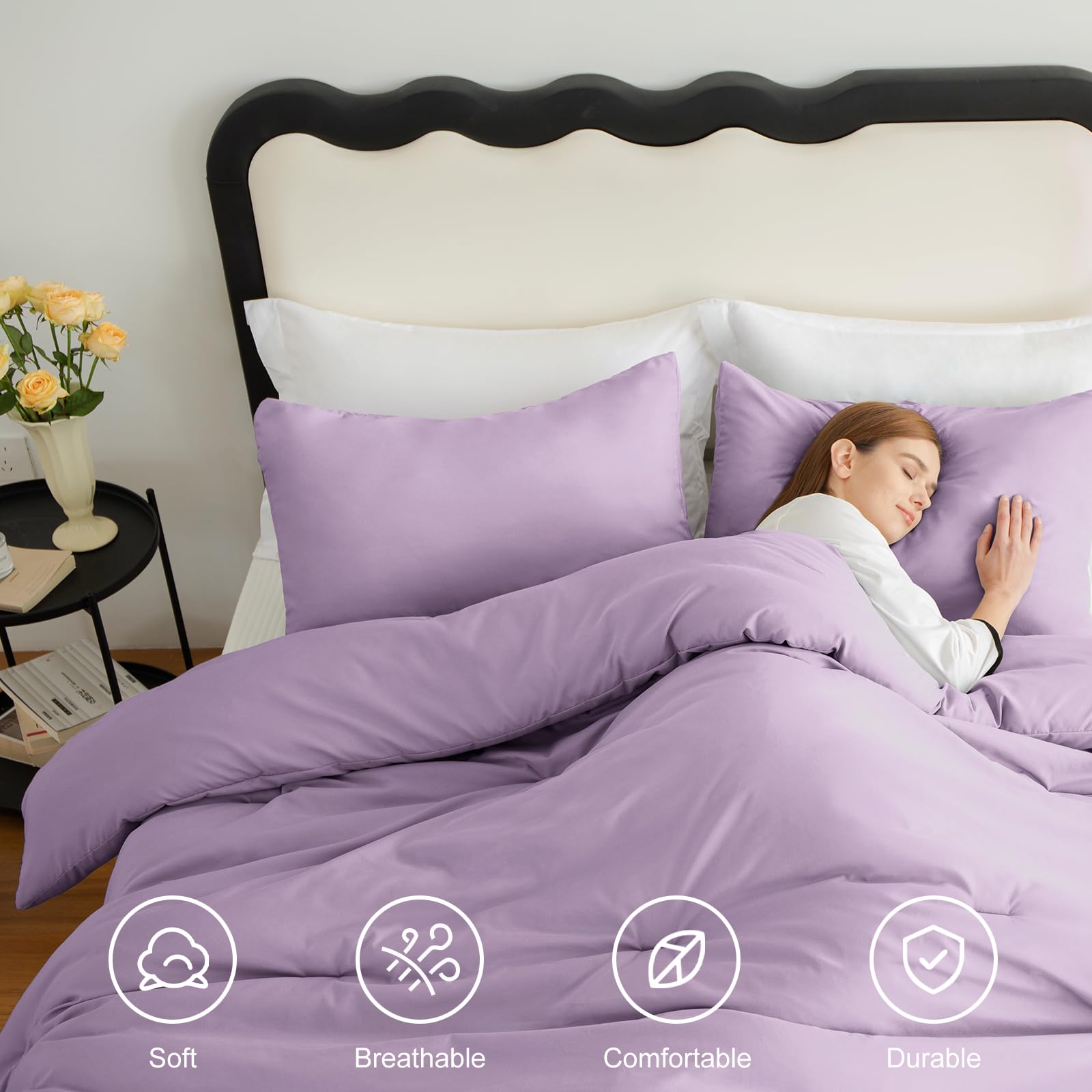 Cozylux Lavender Purple Comforter Set Queen Size, 3 Pieces Solid Breathable Quilted Boho Style Bedding Sets, Luxury Fluffy Soft Microfiber Comforter For All Season(1 Comforter & 2 Pillowcases)