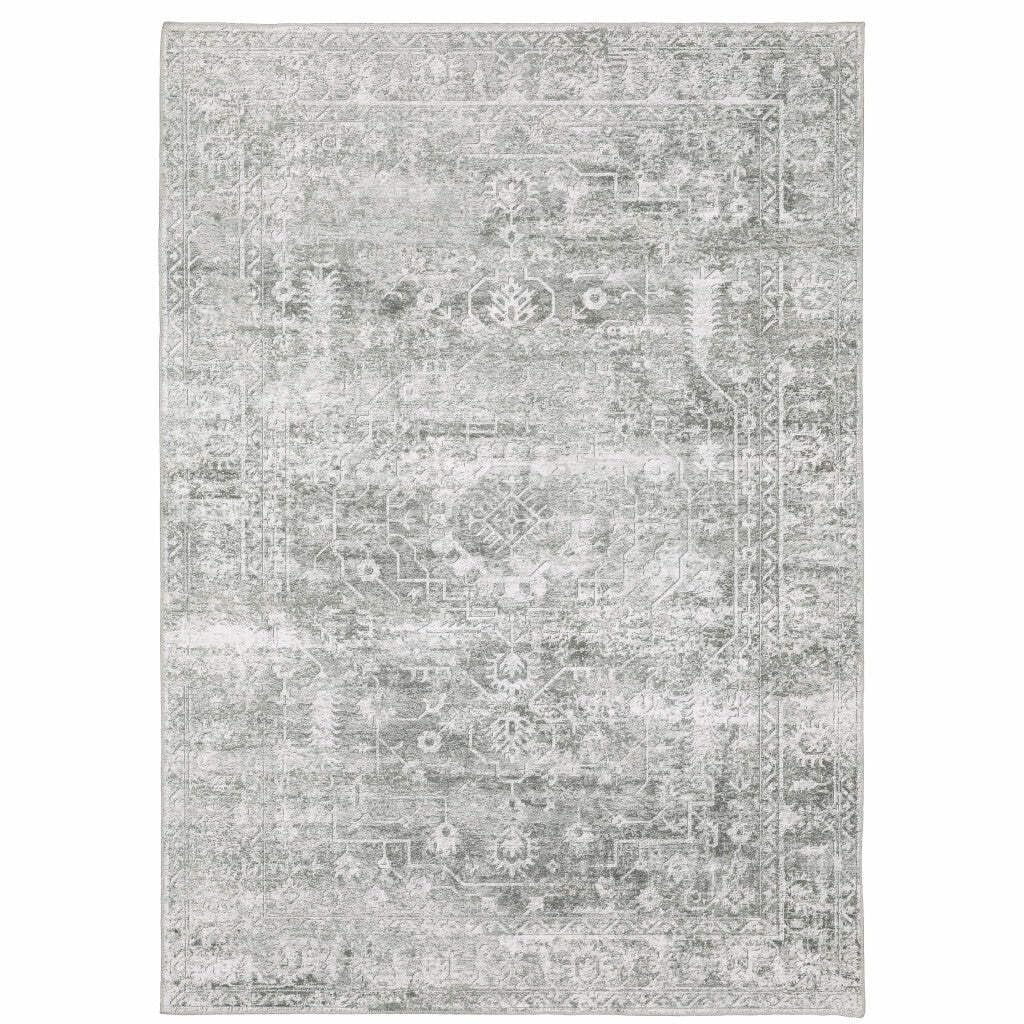 HomeRoots 510659 8 x 10 ft. Sage Green Gray Ivory & Silver Oriental Printed Stain Resistant Non Skid Rectangle Area Rug