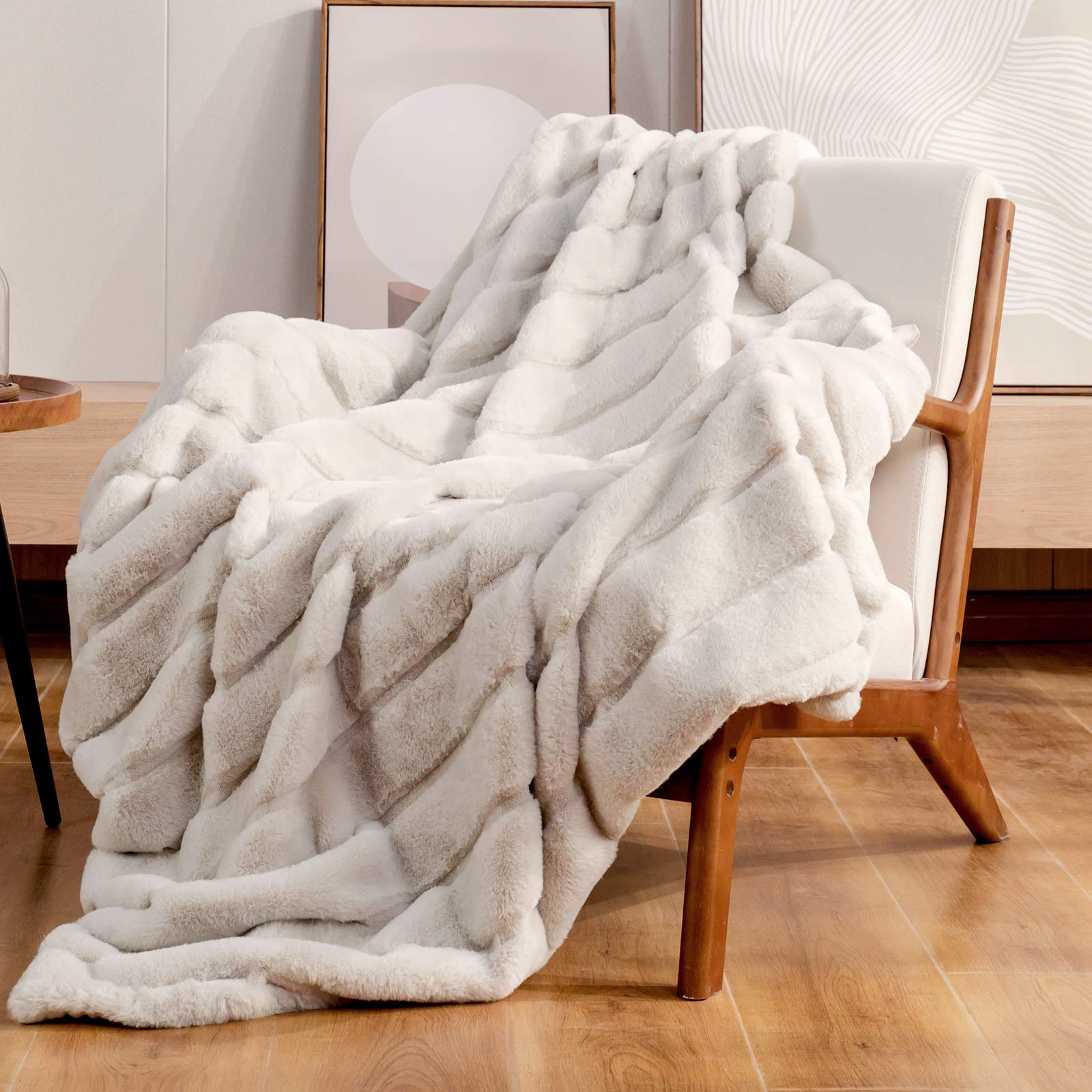 Cozy Bliss Luxury Super Soft Striped Faux Fur Throw Blanket For Couch, 60'X80' Beige, Warm Milky Plush Blanket For Sofa Bed Li