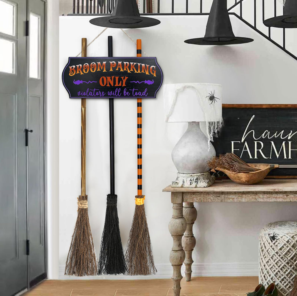 Oriental Cherry Halloween Decorations - Halloween Decor - Broom Parking Sign With 3 Wooden Witches Brooms - Hocus Pocus Cute Dec