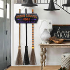 Oriental Cherry Halloween Decorations - Halloween Decor - Broom Parking Sign With 3 Wooden Witches Brooms - Hocus Pocus Cute Dec
