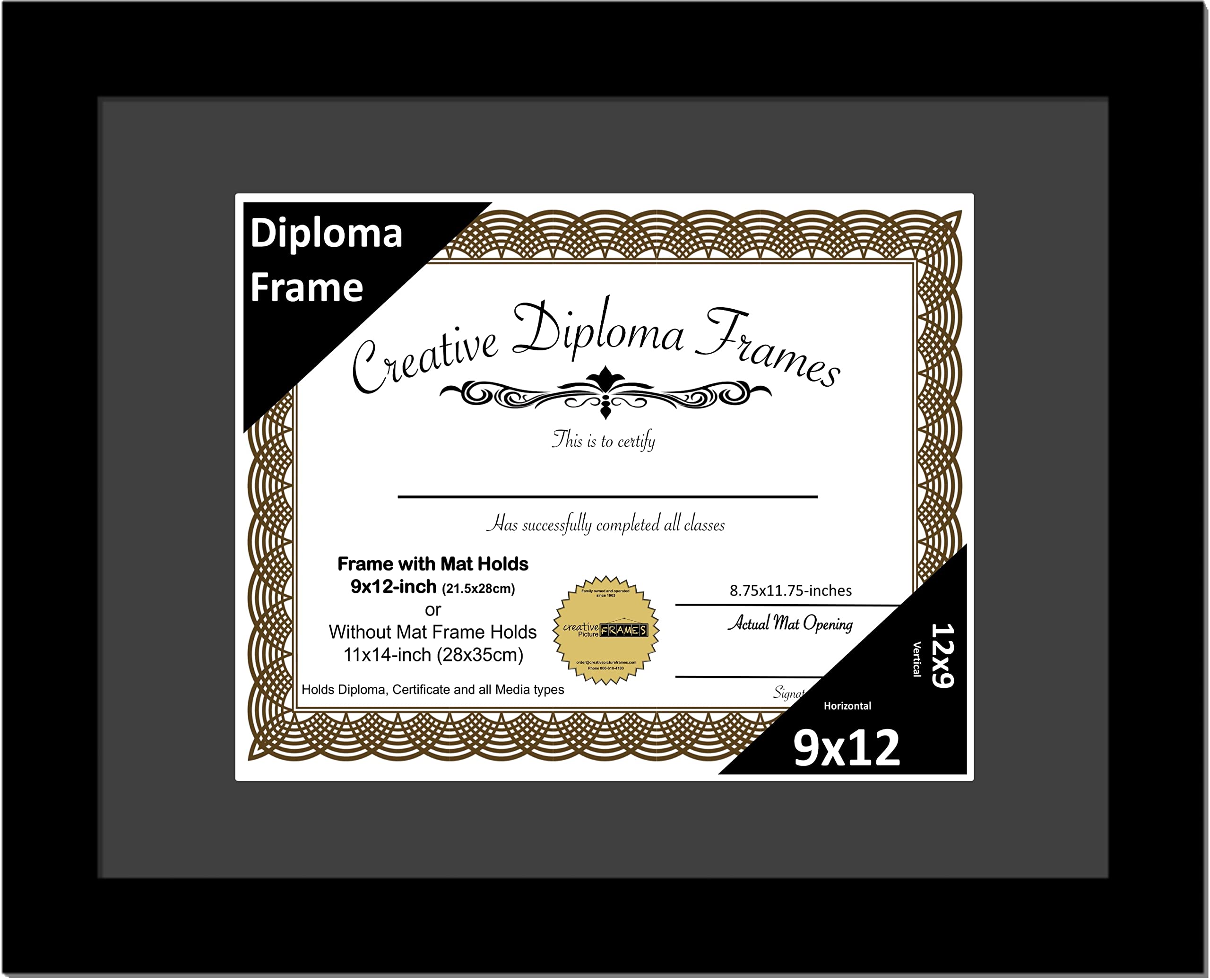 Creative Picture Frames 9x12 Classic Black Diploma Frame with Black Mat Glass Easel and Installed Wall Hangers | Frame Holds 11x