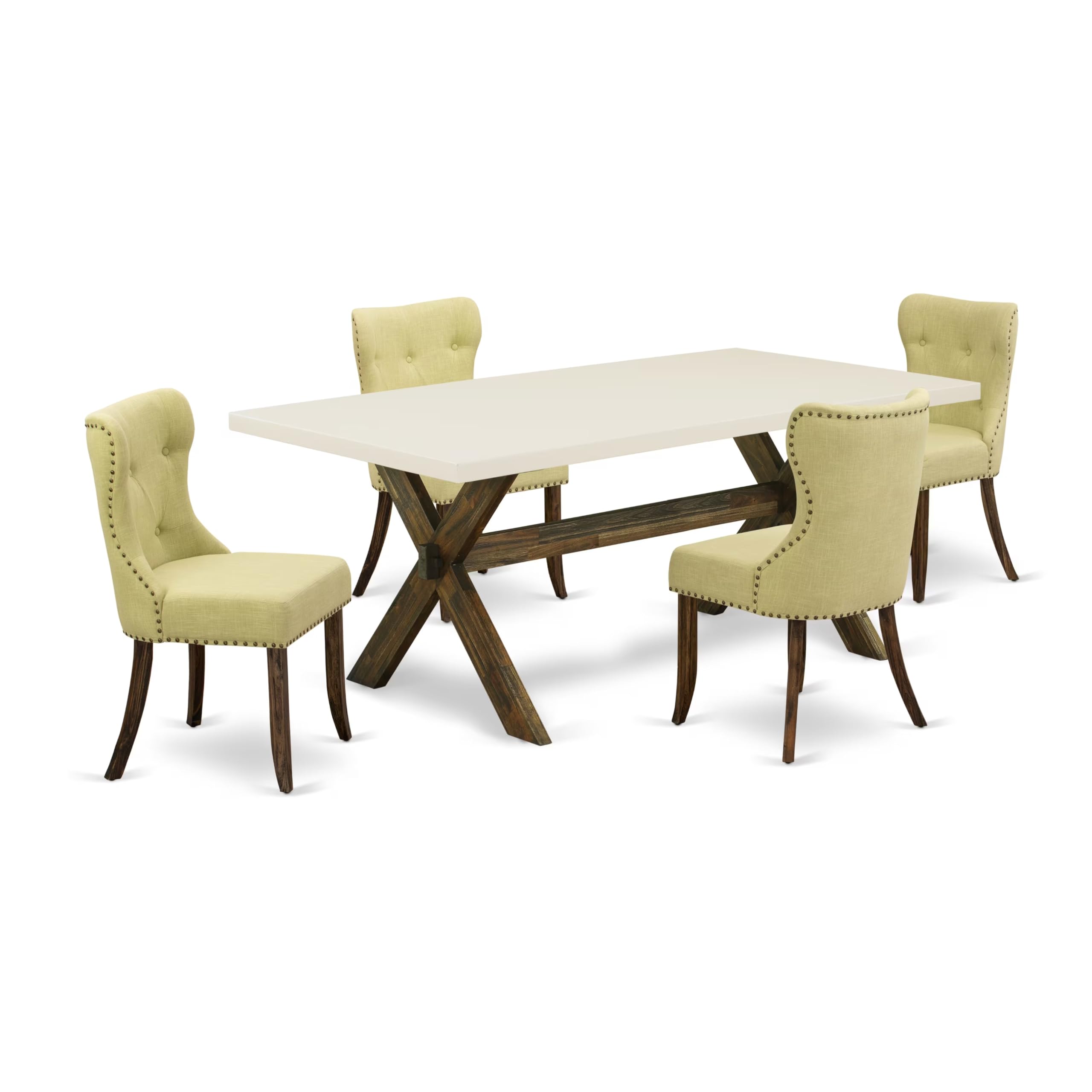 East West Furniture X727Si737-5 5 Piece Modern Dining Table Set Includes A Rectangle Wooden Table With X-Legs And 4 Limelight Linen Fabric Parson Dining Chairs, 40X72 Inch, Multi-Color