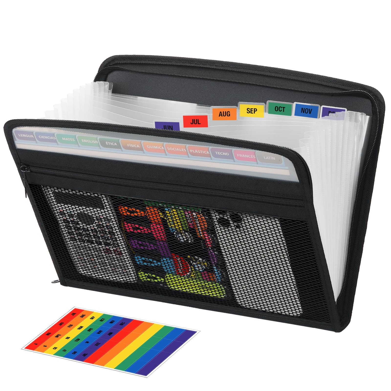 H4D Zippered Accordion File Organizer With Front Mesh Pouch, 13 Pocket Expanding File Folder Accordian Folder, Expandable File O