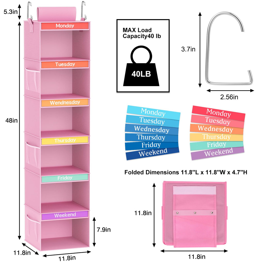 Fixwal 6-Shelf Weekly Clothes Organizer For Kids, Kids Daily Shelf Hanging Closet Organizer With 6 Side Pockets, Days Of The Wee