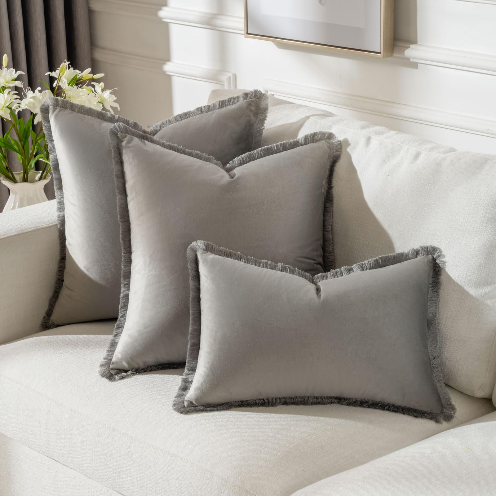 Futei Grey Boho Throw Pillow Covers With Tassels 24X24 Inch Set Of 2,Soft Velvet Decorative Euro Pillow Shams,Home Decor For Cou