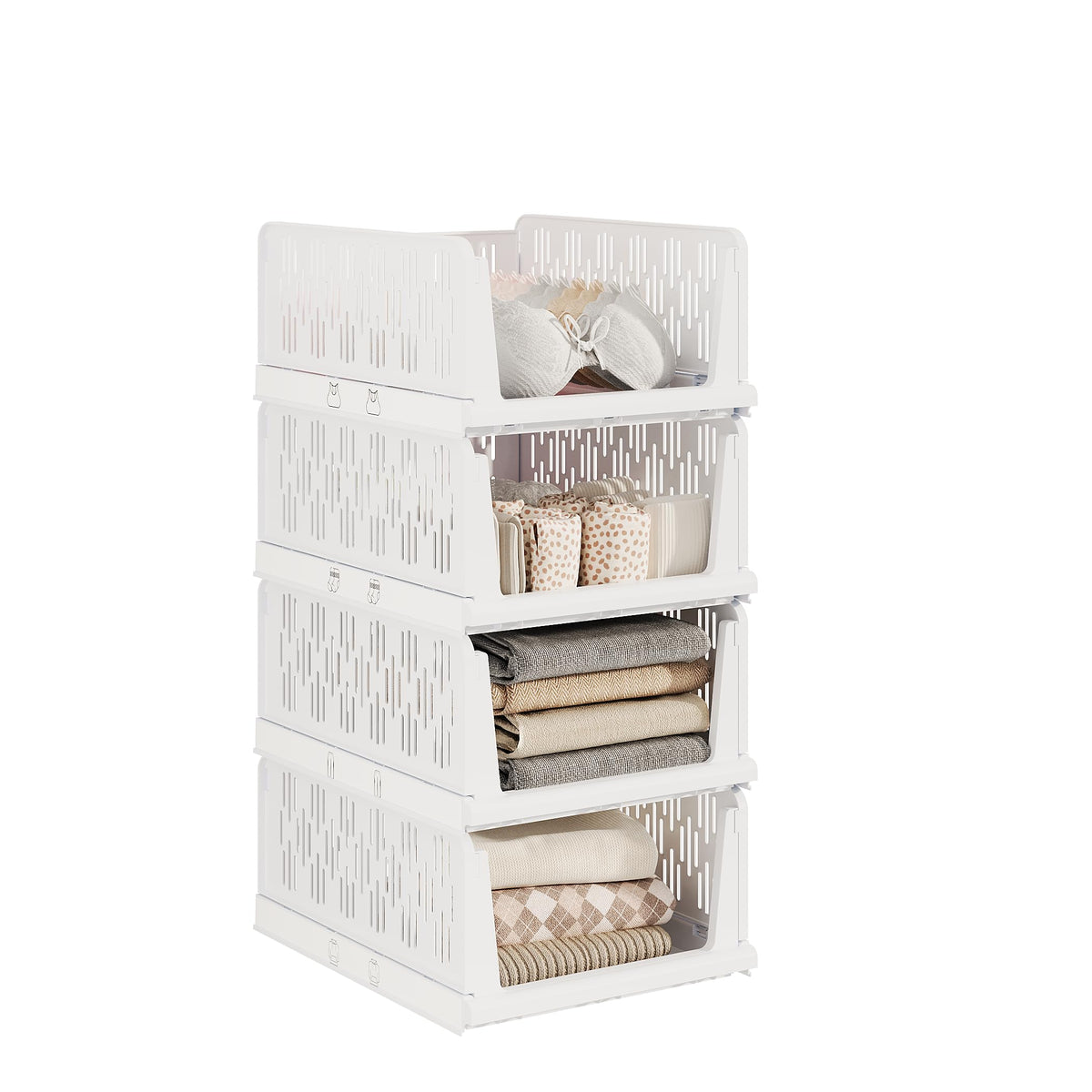 UDEAR 4 Pack Stackable Closet Storage Baskets, Foldable,White