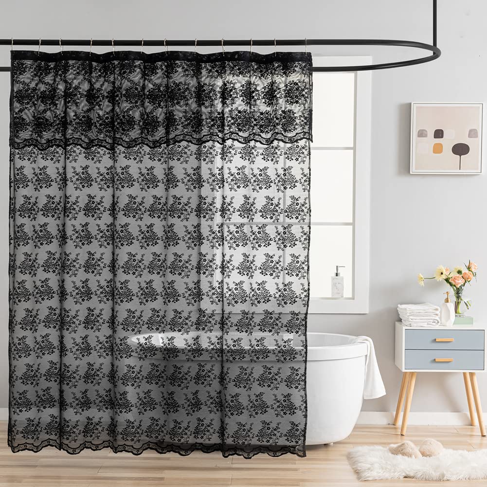 Yj Yanjun Black Lace Shower Curtain Luxury Vintage Sheer Shower Curtain With Attached Valance Elegant Boho Shower Curtain For Ba
