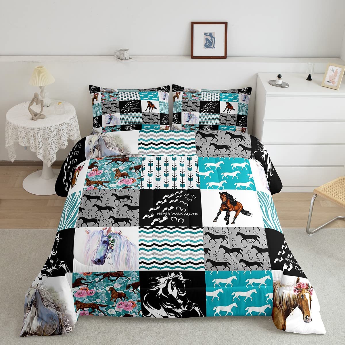 Horse Bedding,Western Farmhouse Horse Comforter Set For Girls Twin Bed,Boho Arrow Teal Zebra Stripe Comforter For Kids Boys Wome