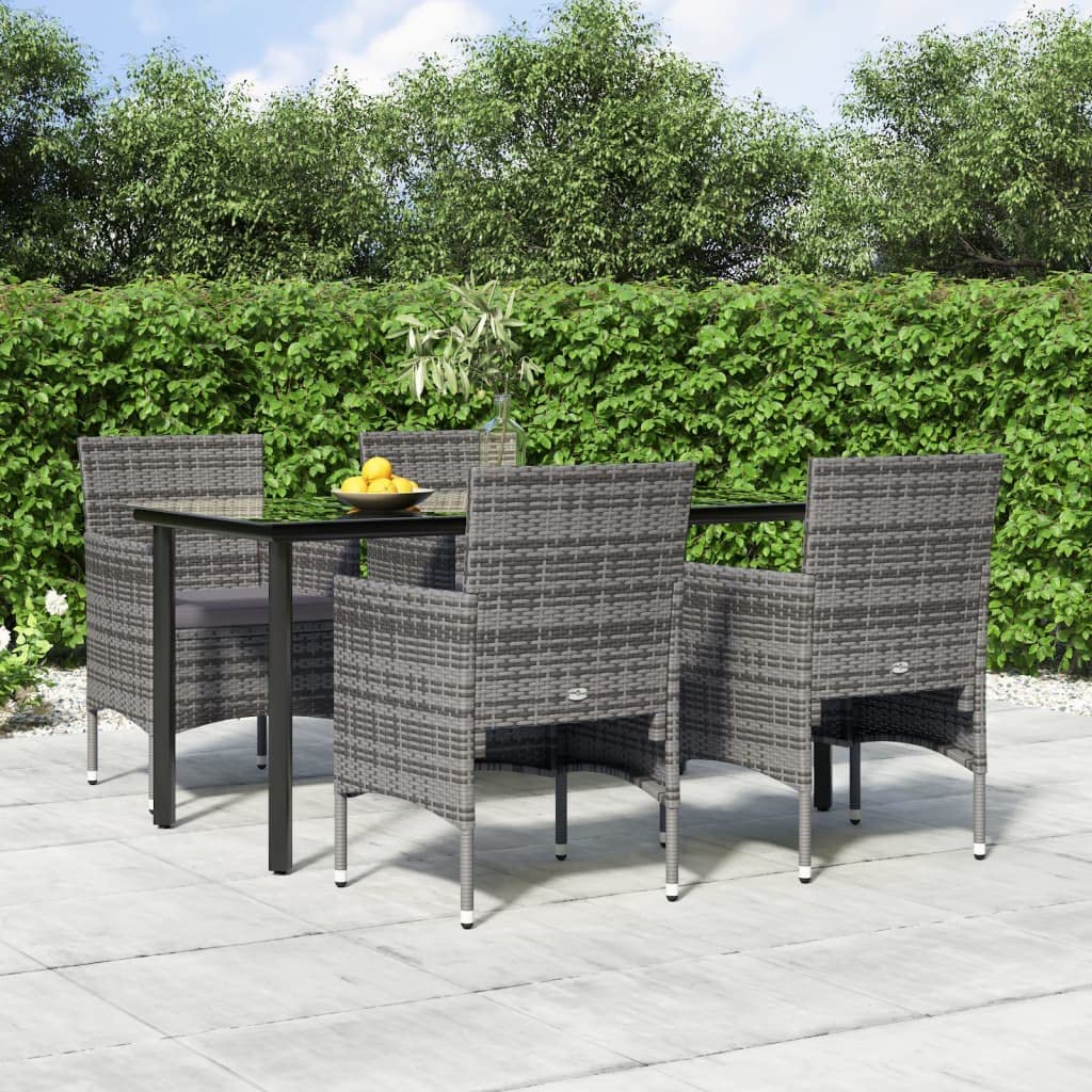 vidaXL 5 Piece Patio Dining Set - Gray and Black, Poly Rattan and Powder-Coated Steel, with Tempered Glass Tabletop and Cushioned Chairs for Outdoor Leisure and Dining