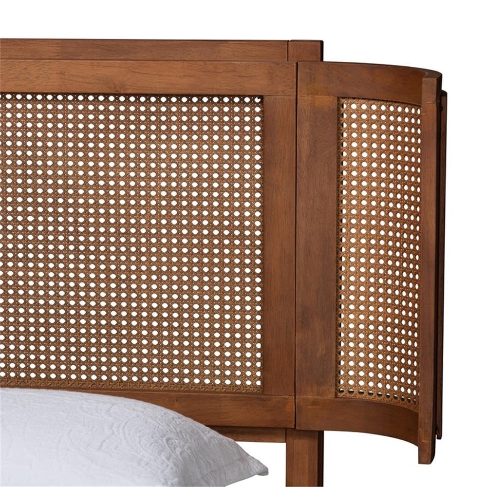 Baxton Studio Eridian Mid-Century Modern Walnut Brown Finished Wood and Natural Rattan Queen Size Platform Bed
