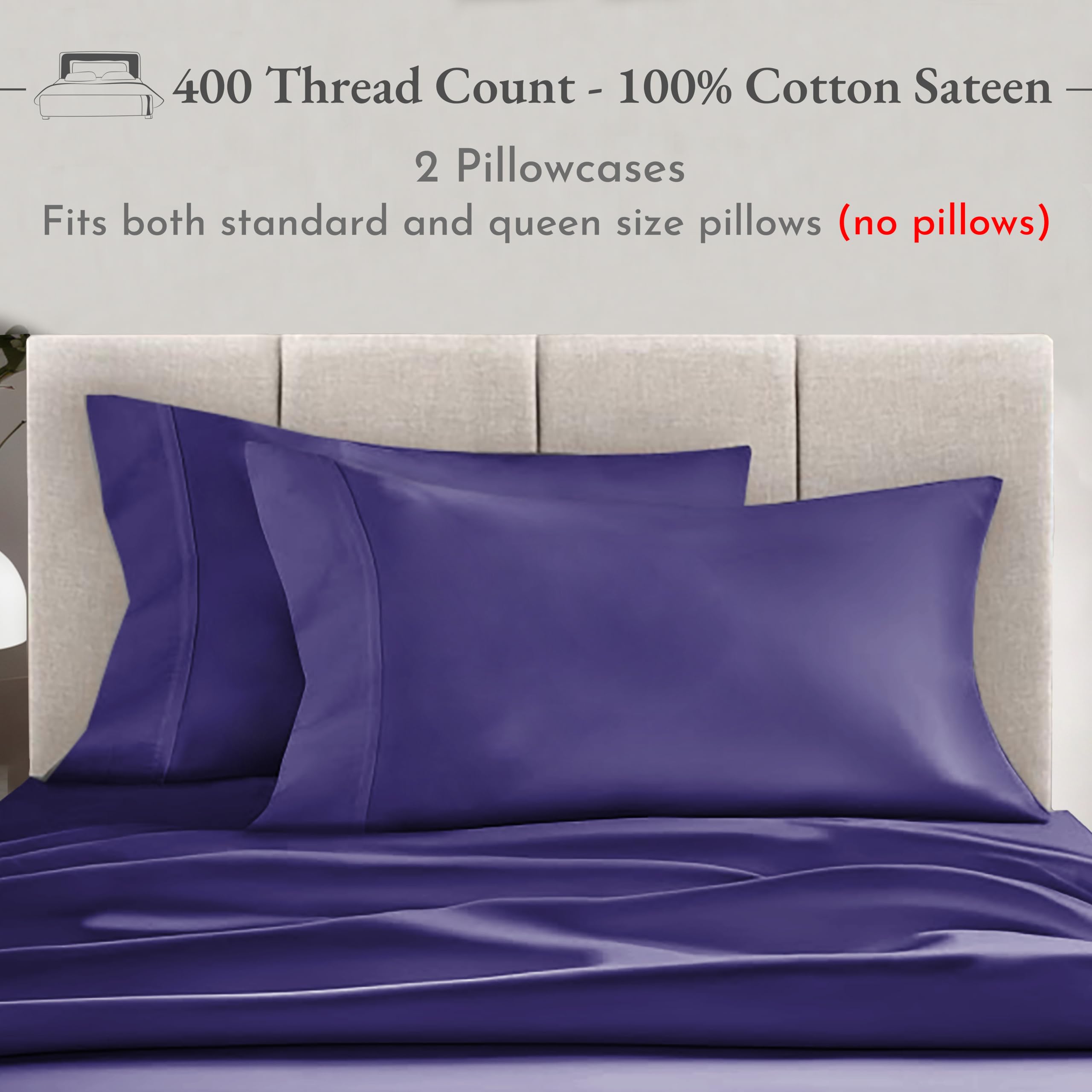 Standard Queen Size Pillowcase Set - 400 Thread Count, 100% Cotton Sateen, Set Of 2 Pillow Covers, Breathable, Cooling, Extra Soft Pillowcases For Kids, Teens, Women & Men - Dark Purple