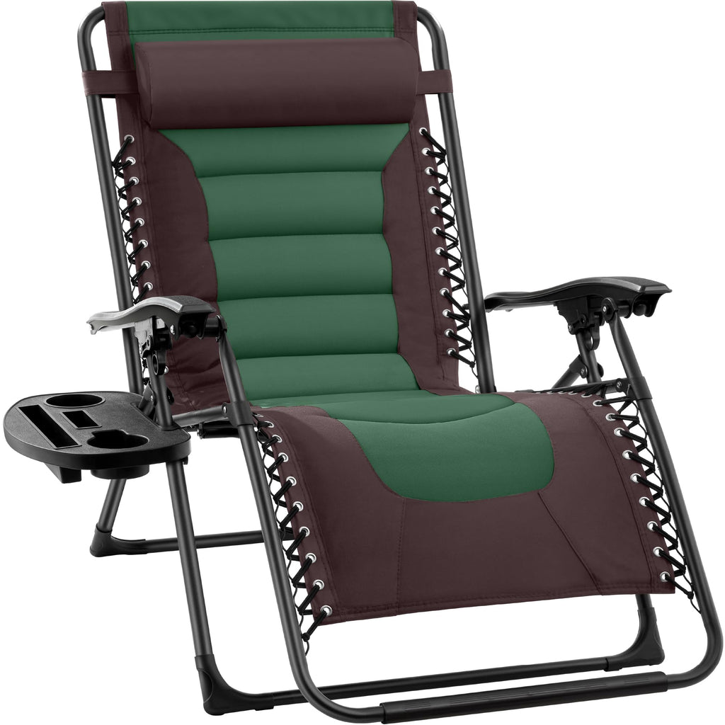 Best Choice Products Oversized Padded Zero Gravity Chair, Folding Outdoor Patio Recliner, Xl Anti Gravity Lounger For Backyard W/Headrest, Cup Holder, Side Tray, Polyester Mesh - Espresso/Green