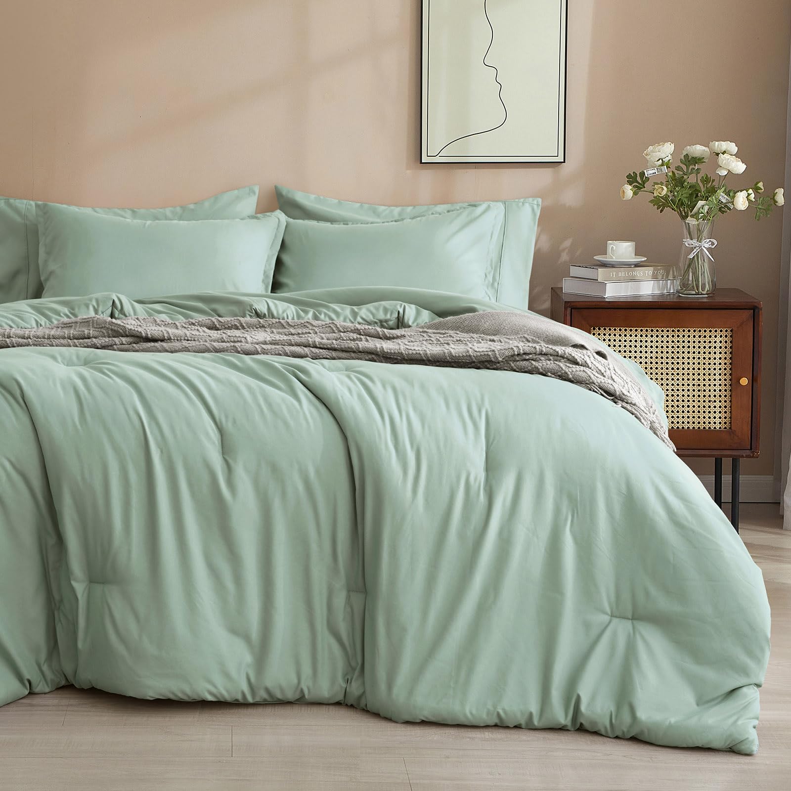 Phf 7 Pieces King Comforter Set, Bed In A Bag Comforter & 18' Sheet Set All Season, Ultra Soft Comfy Bedding Sets With Comforter, Sheets, Pillowcases & Shams, Sage Green