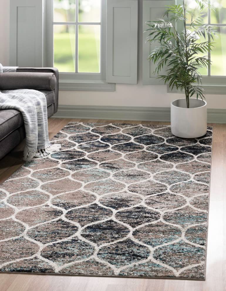 Unique Loom Trellis Frieze Collection Area Rug - Rounded (10' X 13', Blue Multi/ Ivory)