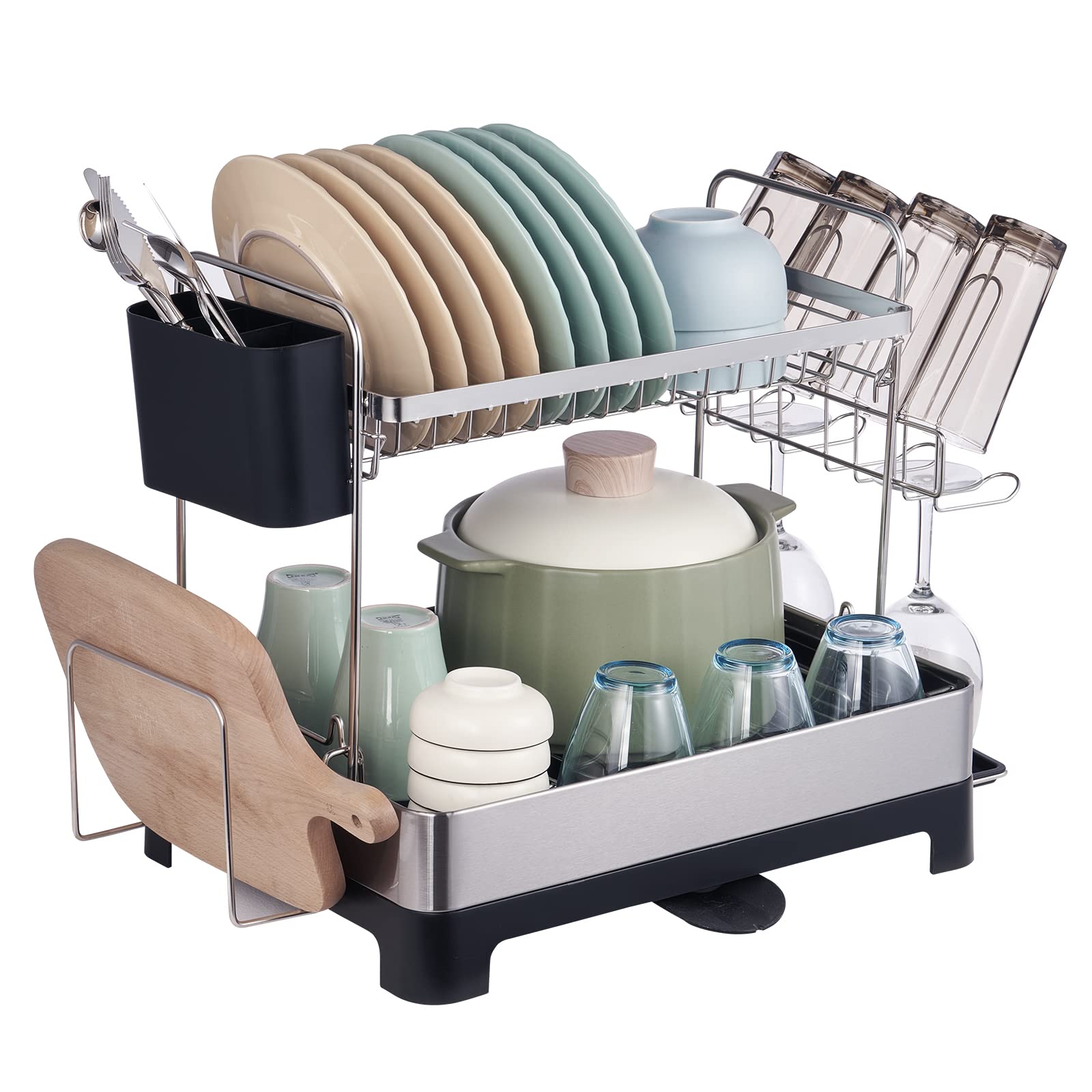 VEVOR Dish Drying Rack, 2 Tier Large Capacity Drainers, Rustproof Stainless Steel Drainer with Drainboard, Storage Space Saver, 