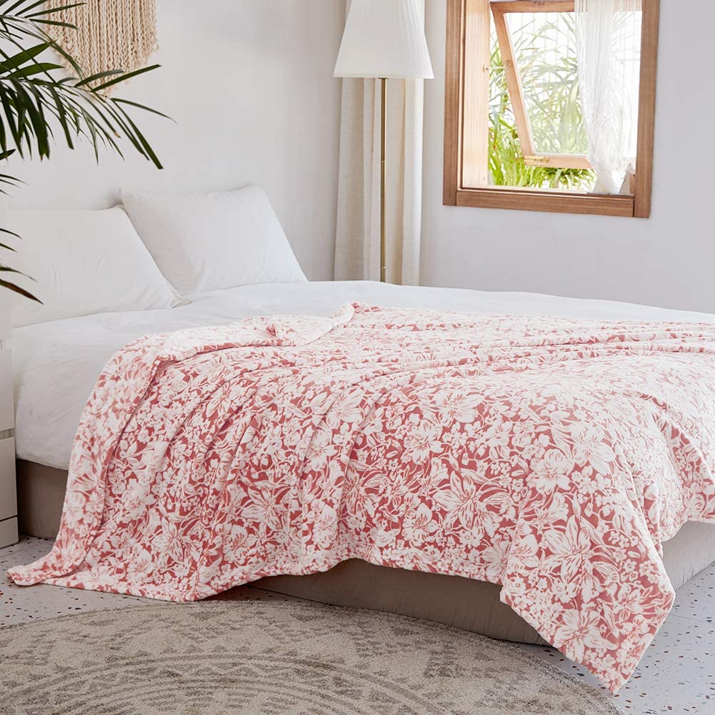 Fy Fiber House Flannel Fleece Throw Blanket Super Soft Lightweight Microfiber With Flower Print For Couch, 90''X90'', Peach