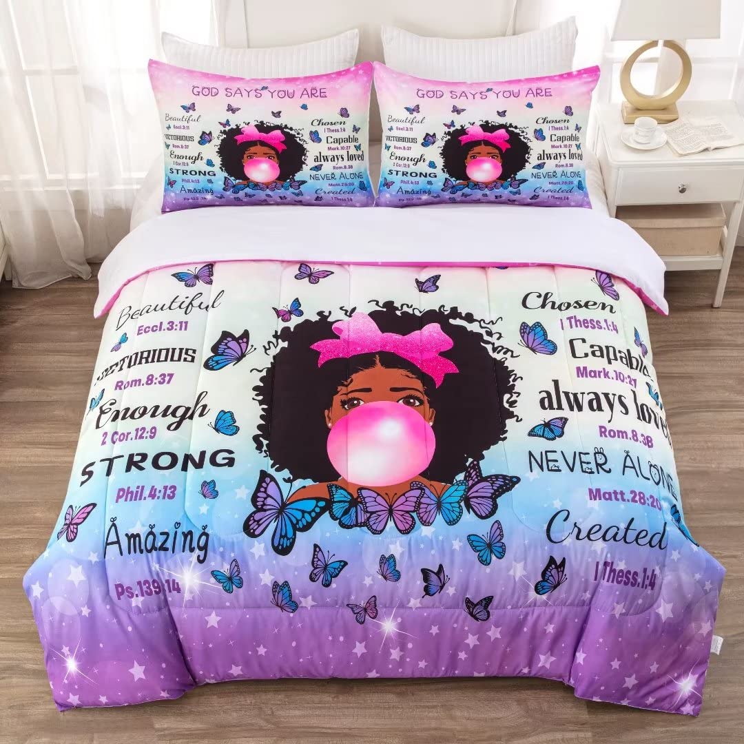 Grat Tioc Black Girl Comforter Twin For Kids Teens,Black Girl Magic Bedding Set,African American Girl Inspirational Quotes Bed C