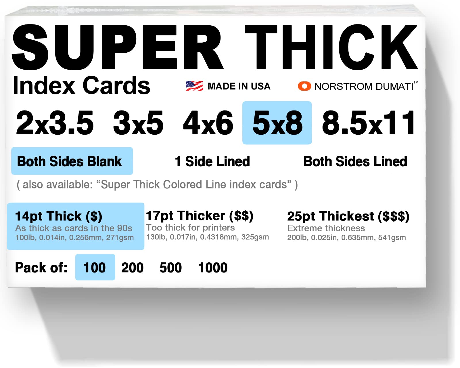 100 Super Thick Index Cards/ 5'X8' / 14Pt (0.014') 100Lb / Blank Un-Ruled/Archival Acid-Free