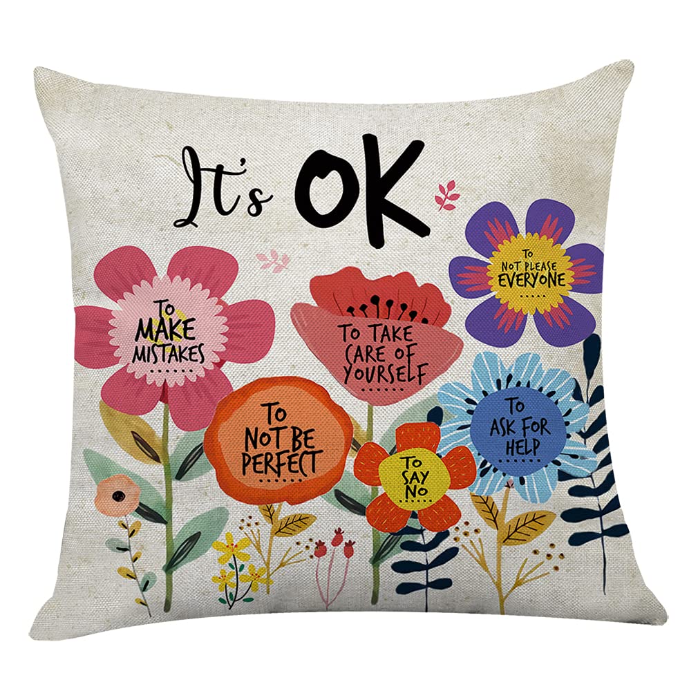 Littlefa Inspiring Throw Pillows,Cute Flower Throw Pillows For Girls Kids,Therapy Office Pillow Cover,Its Ok Inspirational Decor