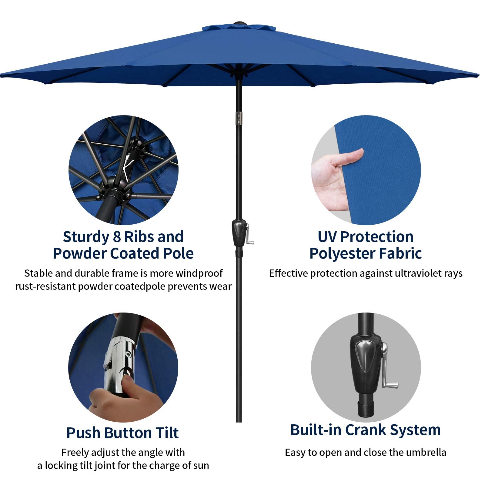 Simple Deluxe 9' Patio Umbrella Outdoor Table Market Yard Umbrella With Push Button Tilt/Crank, 8 Sturdy Ribs For Garden, Deck, Backyard, Pool, Blue