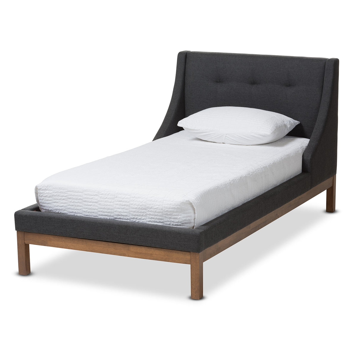 Baxton Studio Louvain Modern and Contemporary Dark Grey Fabric Upholstered Walnut-Finished Twin Sized Platform Bed