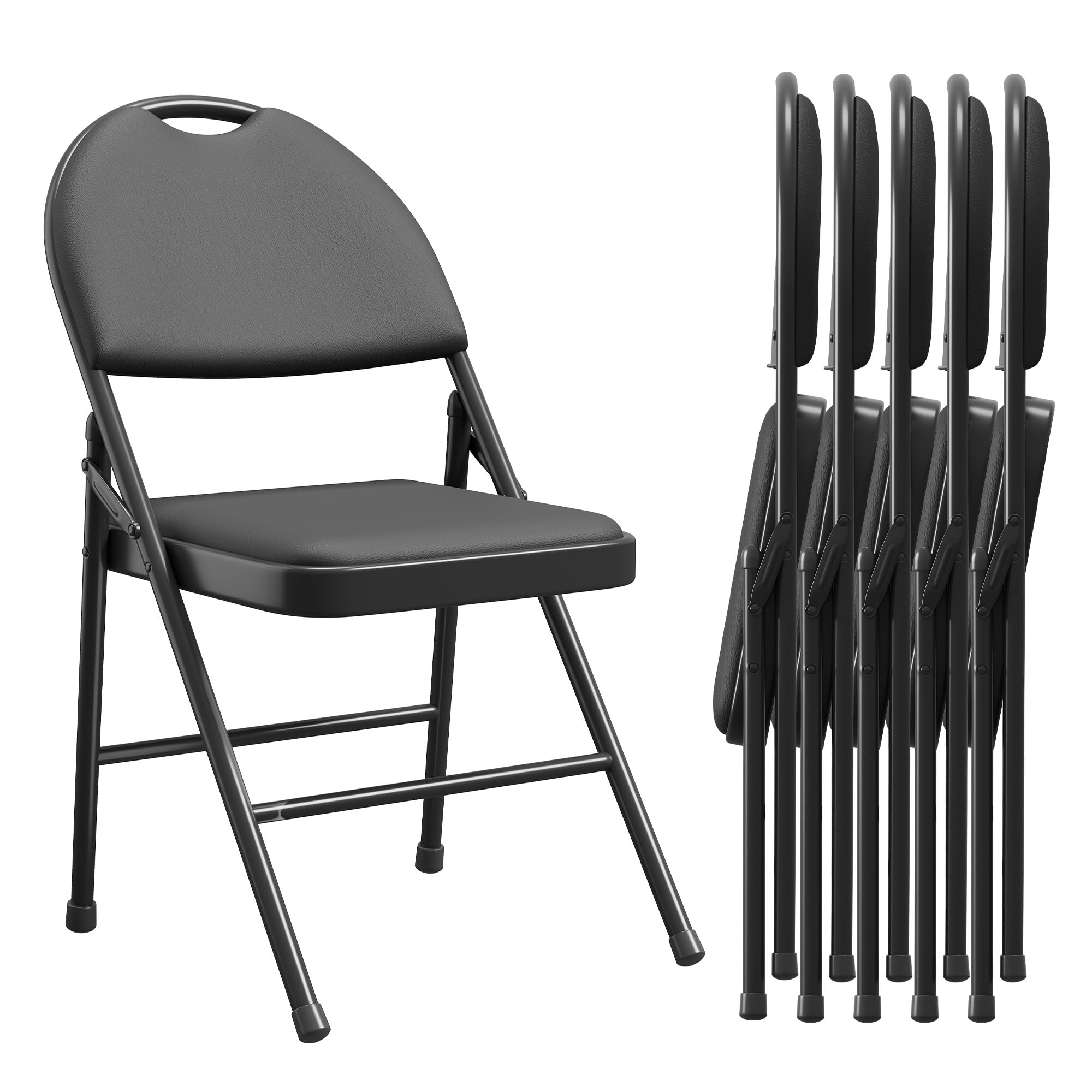 Coucheta 6 Pack Black Folding Chairs, Folding Chairs Set Of 6 With Padded Seats, Pu Leather Foldable Dining Chairs For Guests Ki