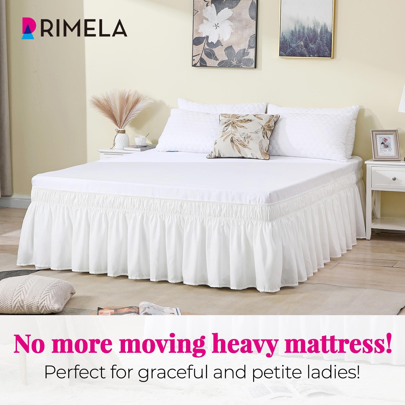 Rimela Bed Skirt Wrap Around Elastic Dust Ruffles Solid Color Wrinkle And Fade Resistant With Adjustable Elastic Belt Easy To In