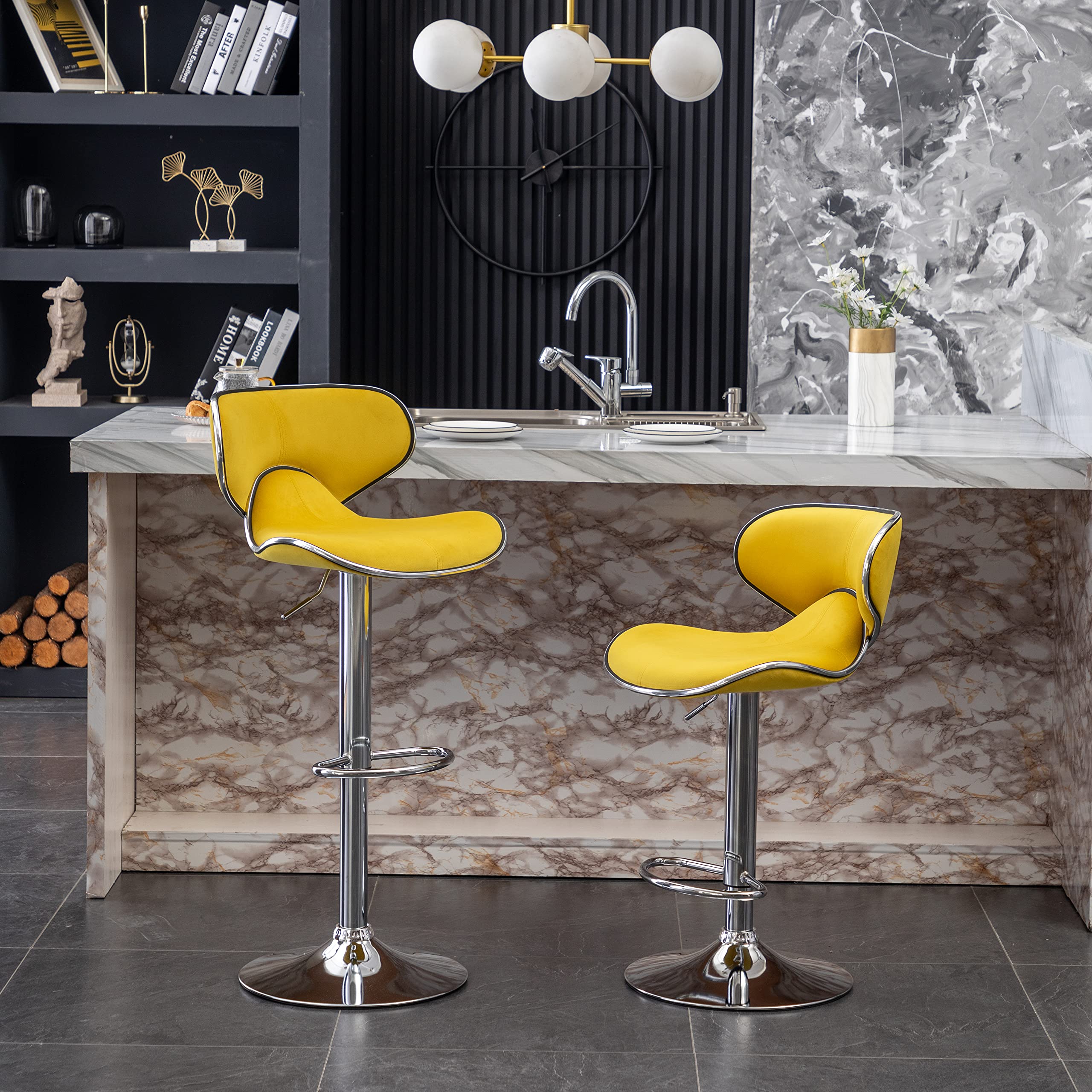 Masaccio Velvet Upholstered Adjustable Swivel Barstool, Set Of 2, Yellow