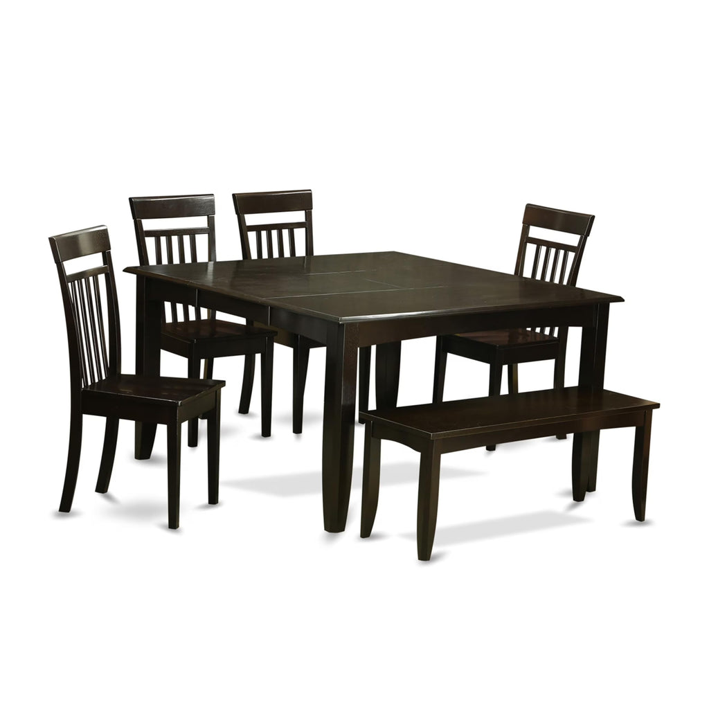 East West Furniture PFCA6-CAP-W 6 Piece Kitchen Table Set Contains a Square Dining Table with Butterfly Leaf and 4 Dining Chairs with a Bench, 54x54 Inch, Cappuccino