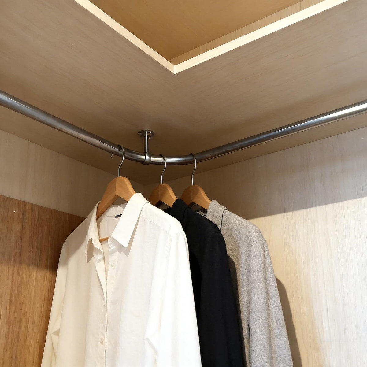 90 Degree Corner Closet Rod for LShaped Wardrobes, Curved Stainless Steel Clothes Bar, SpaceSaving Hanging Pole with Support B