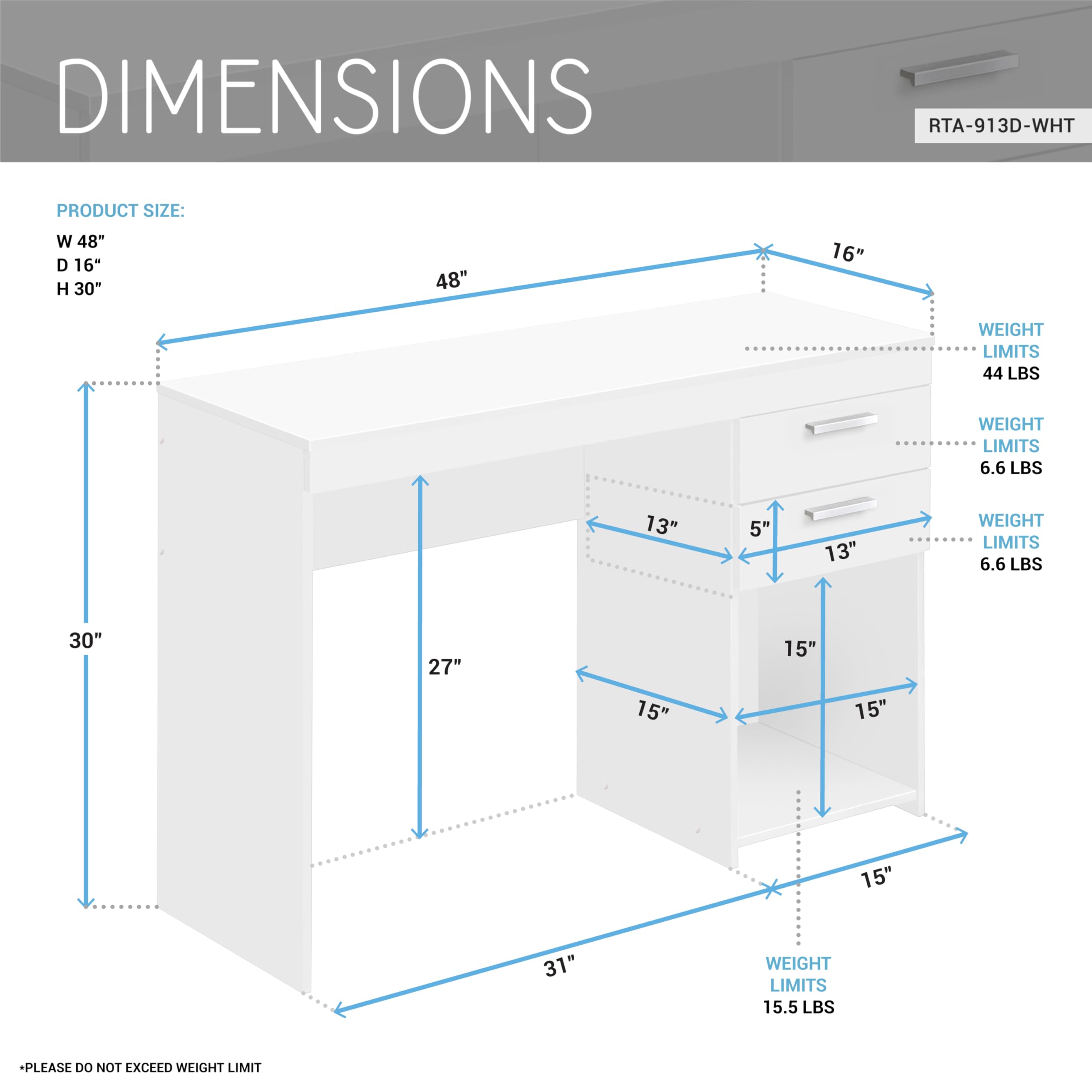 Techni Mobili Computer Home Office or Bedroom Storage & Drawers Ideal for Small Spaces Writing Desk, 47.6&quot; W x 16.1&quot; D x 30.3, White