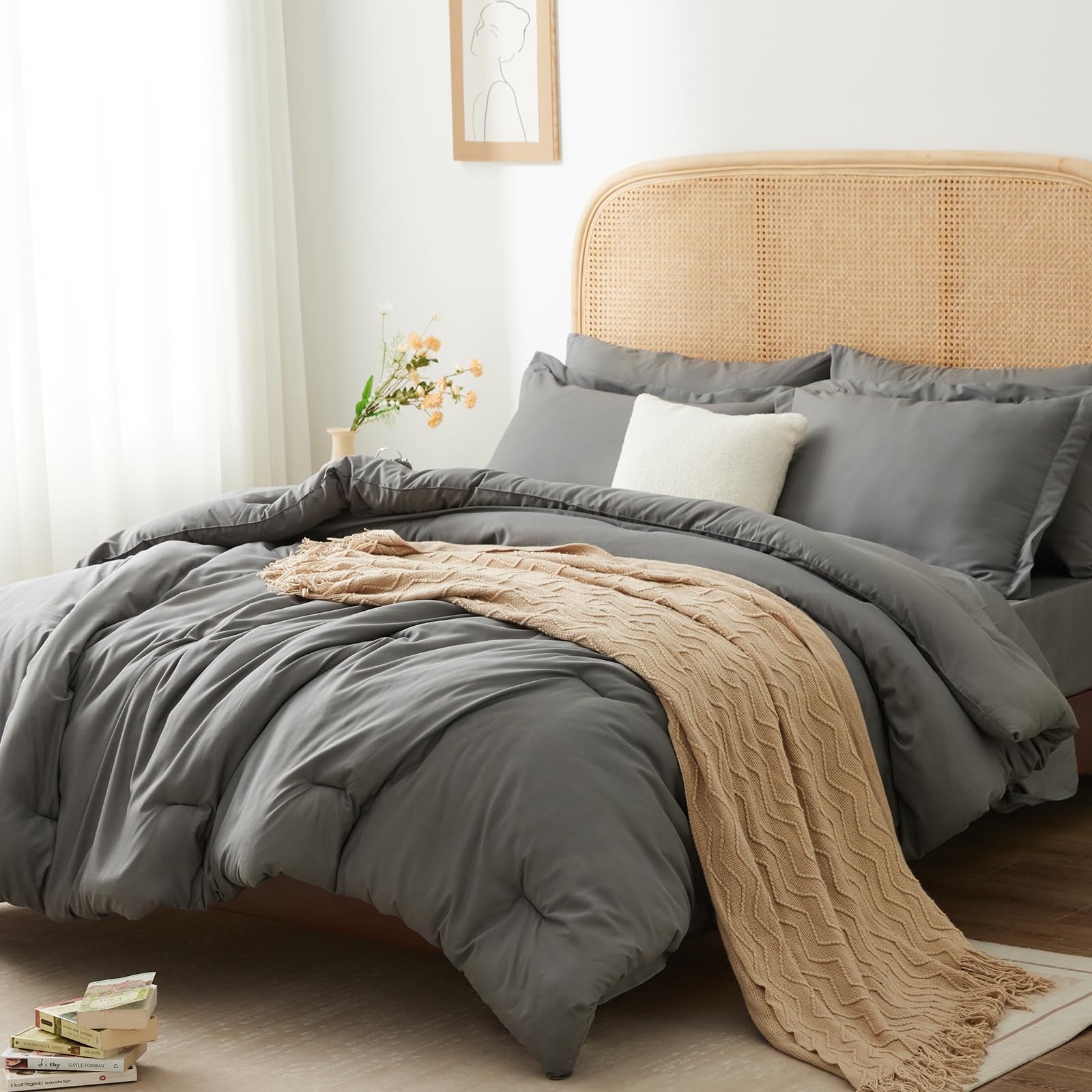 Himeet Queen Comforter Set -Grey Bed In A Bag,Grey Comforter 7 Pieces All Season,Grey Comforter For Queen Size Bed With 1 Comfor