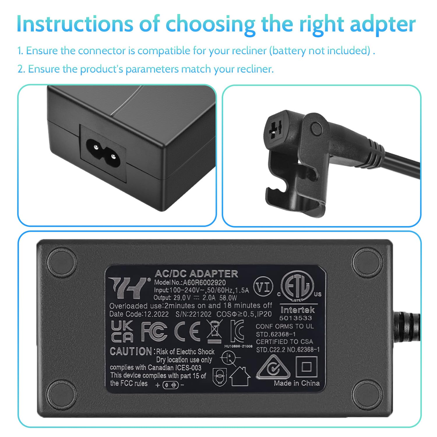 Power Recliner Power Supply, Sopito Universal Magnetic Ring Ac/Dc Adapter 100-240V With Wire, Quality 29V 2A Transformer 2-Pin Connector, Replacement Part For Lazy Boy, Limoss, Okin