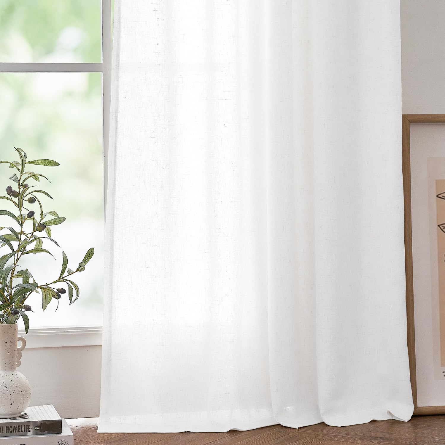 Jinchan Linen Blend White Curtains 96 Inches Long For Living Room Farmhouse Rod Pocket Back Tab Light Filtering Window Drapes For Bedroom Curtains Off White 2 Panels
