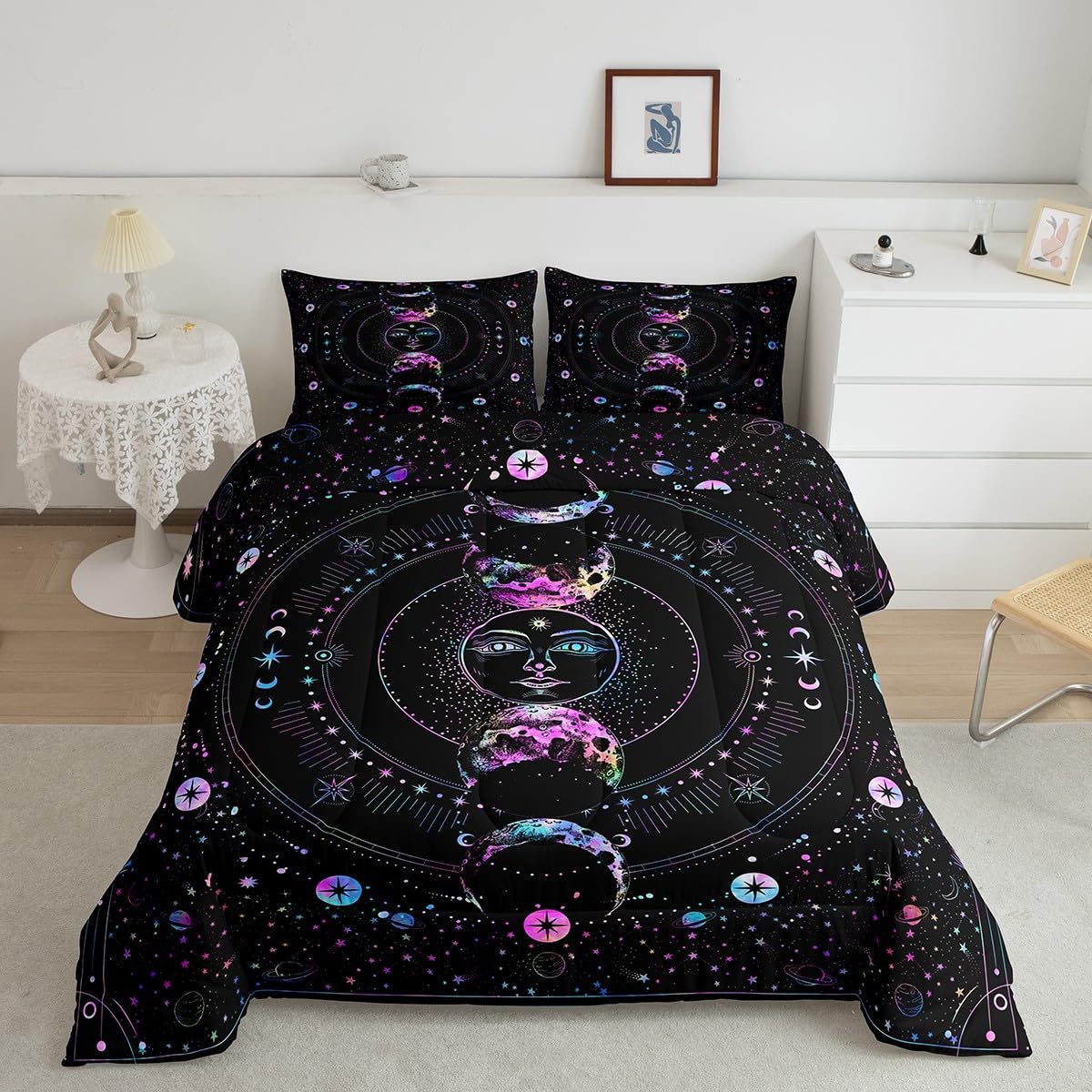 Manfei Sun And Moon Comforter Set Queen Size, Stars Space Psychedelic Down Comforter With 2 Pillowcases, Boho Sun Moon Colorful