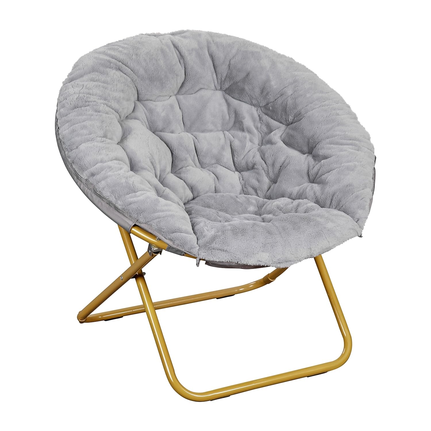38 Portable Faux Fur Folding Saucer Moon Chair, Gray Faux Fur/Soft Gold Frame