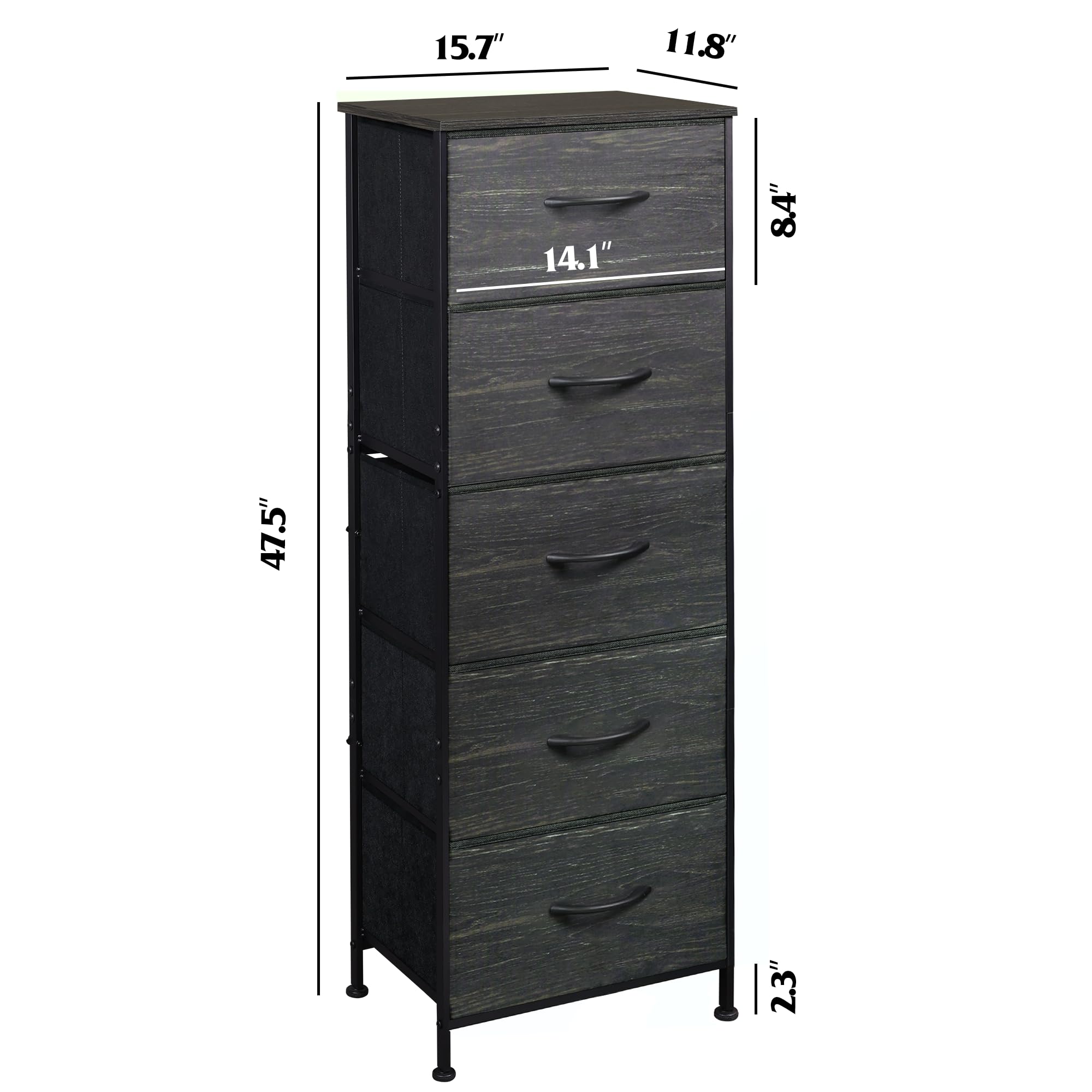 Wlive Fabric Dresser, 5-Drawer Tall Dresser For Bedroom, Storage Dresser Organizer With Fabric Bins, Wood Top, Sturdy Steel Frame, Chest Of Drawers For Closet, Hallway, Charcoal Black Wood Grain Print