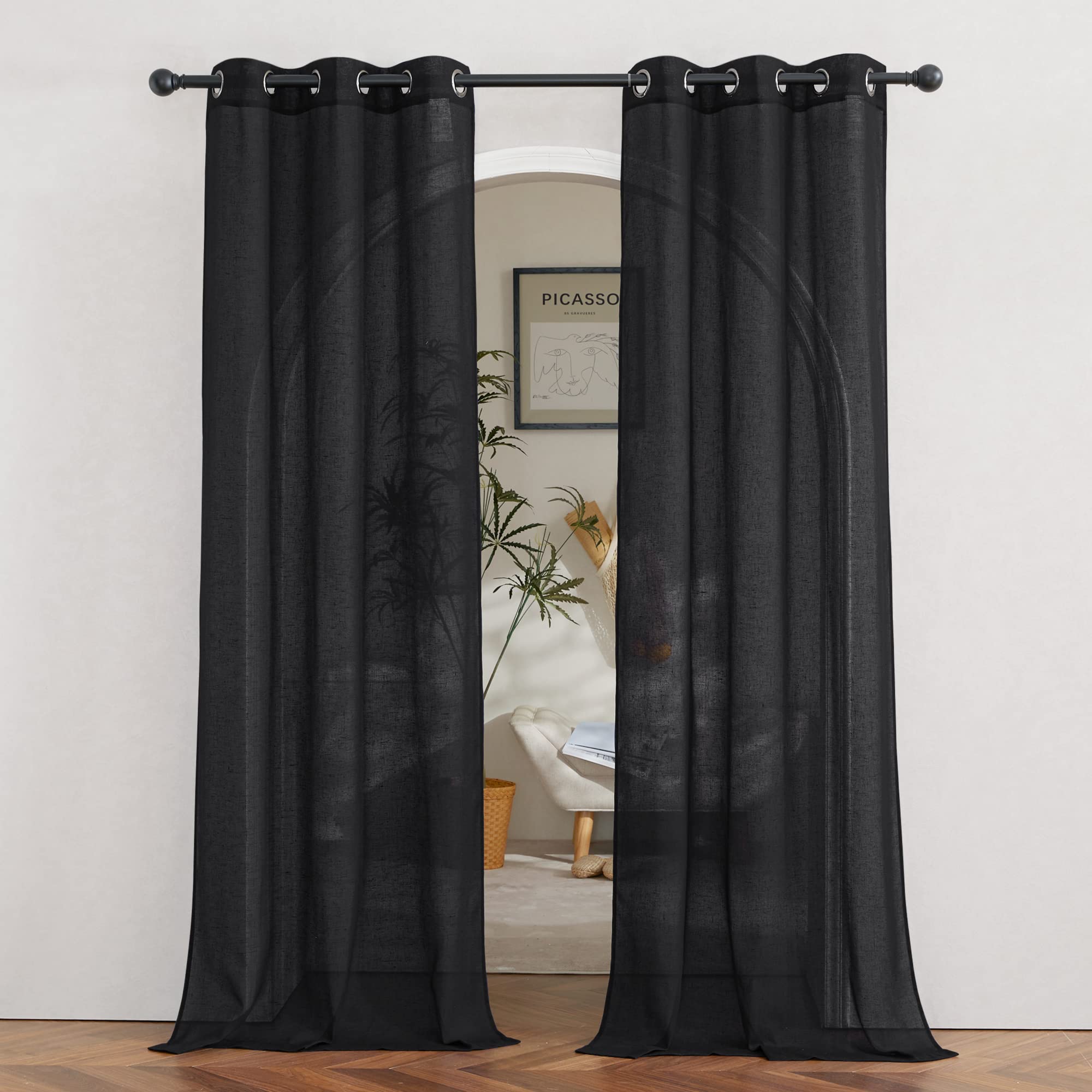 Nicetown Vintage Open Linen Weave Flax Sheer Window Curtains, Ring Top Translucent Drapes Privacy With Light Through For Bedroom