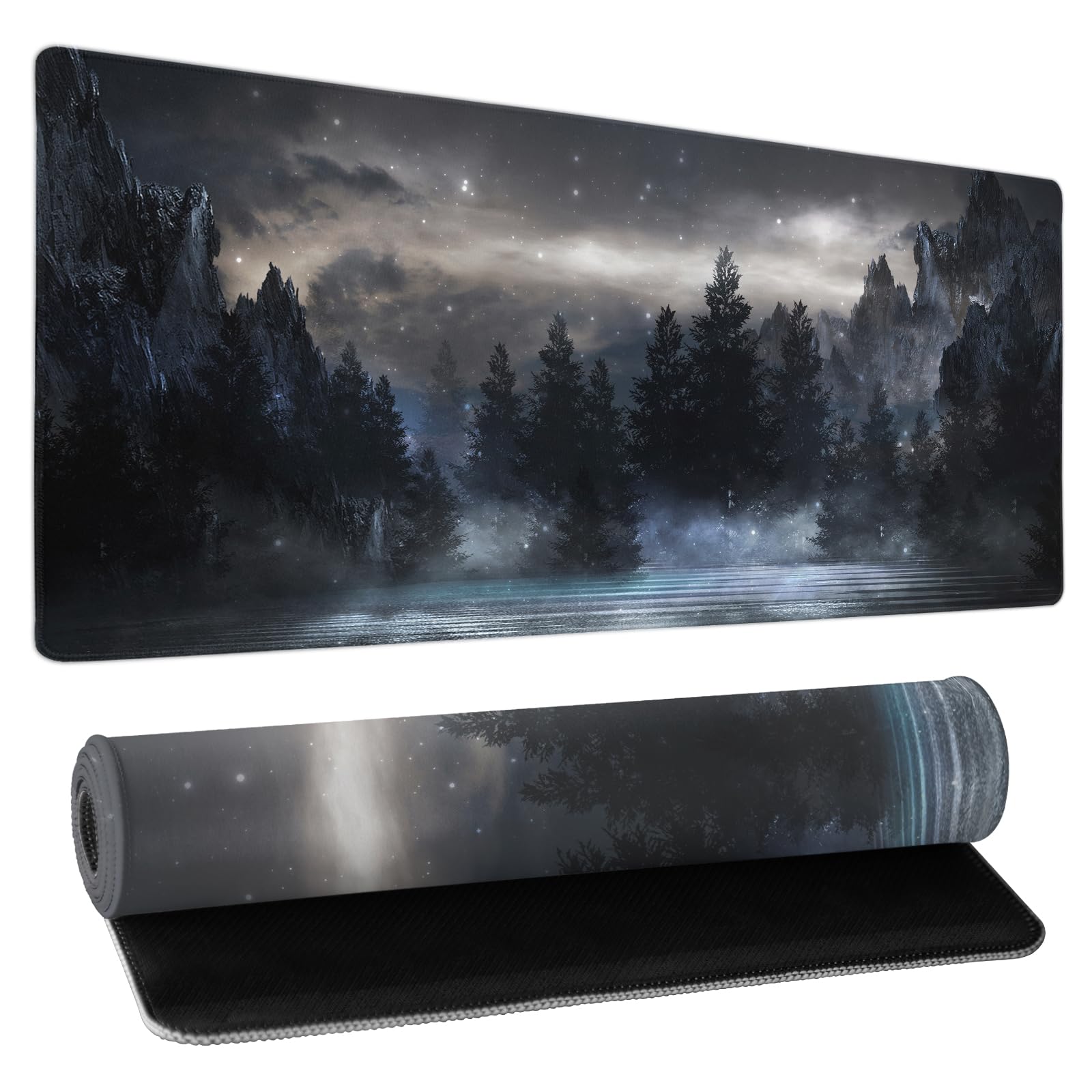 Forest Extra Large Black Gaming Mouse Pad Non-Slip Rubber Giant Mountain Mousepad 31.5X11.8In With Stitched Edge Waterproof Keyb