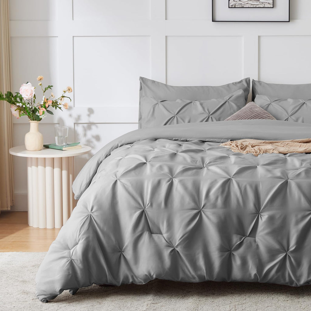 Himeet Gray Comforter Set Queen 7 Pieces Bedding Set Pintuck Queen Bed In A Bag Set Pinch Pleat Queen Size Bed In A Bag Grey