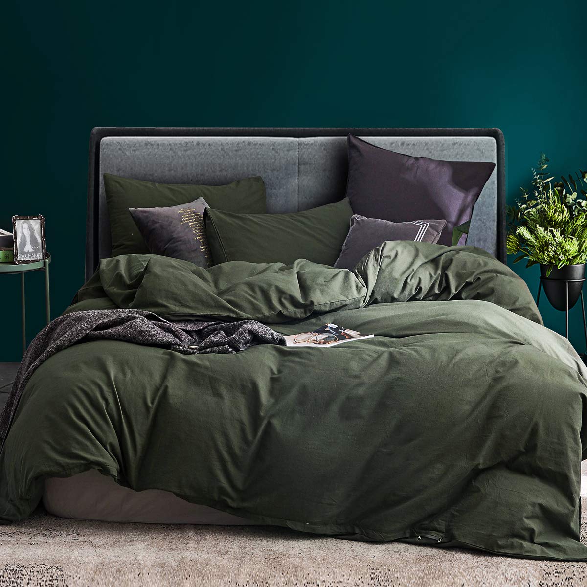 Ecocott Army Green Duvet Cover California King Size - 100% Washed Cotton Durable Soft Comfy Duvet Cover Set, 3 Pieces Duvet Cove