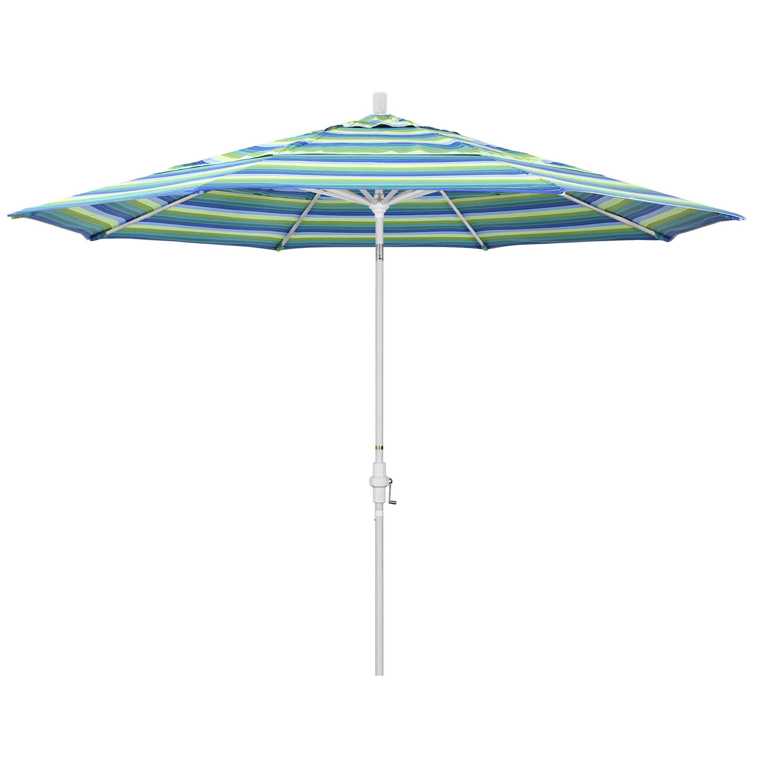 California Umbrella 11' Round Aluminum Market Umbrella, Crank Lift, Collar Tilt, White Pole, Sunbrella Seville Seaside