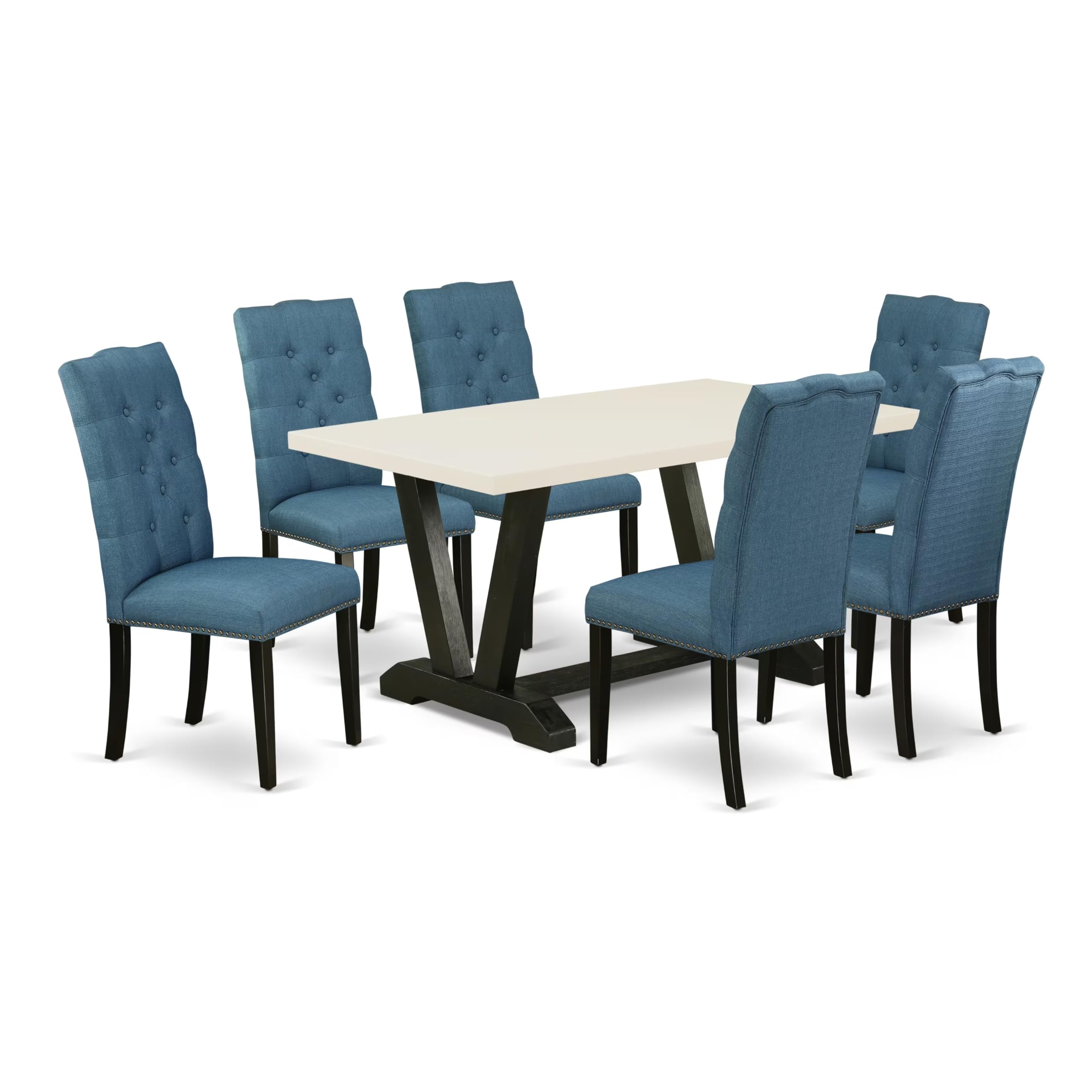 East West Furniture V626El121-7 7 Piece Dining Set Consist Of A Rectangle Dining Room Table With V-Legs And 6 Blue Linen Fabric Upholstered Parson Chairs, 36X60 Inch, Multi-Color
