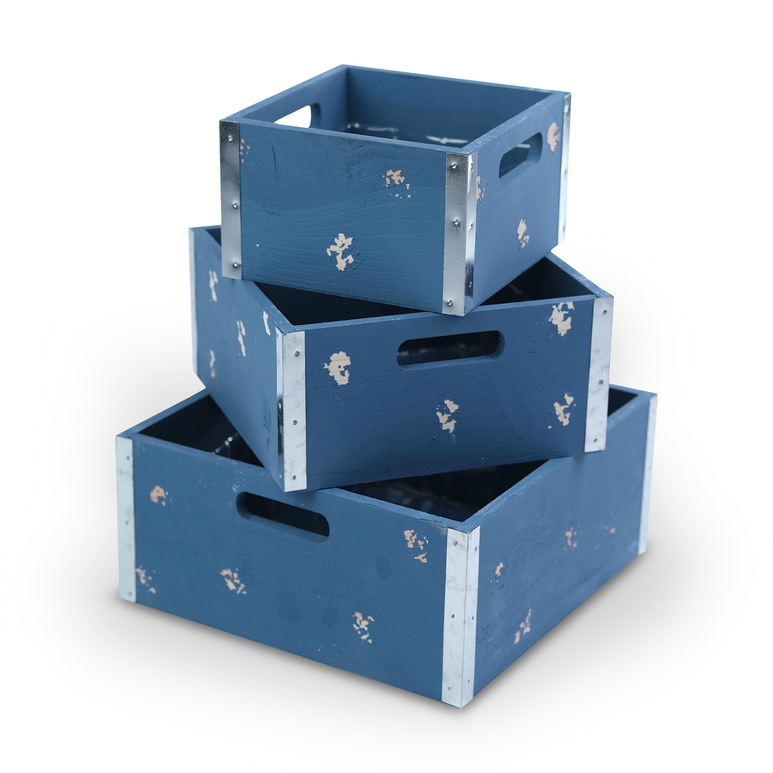Wald Imports - Set Of 3 Blue Wooden Crates For Storage - Decorative Wooden Crate Set For Home Decoration & Display - Vintage Sto