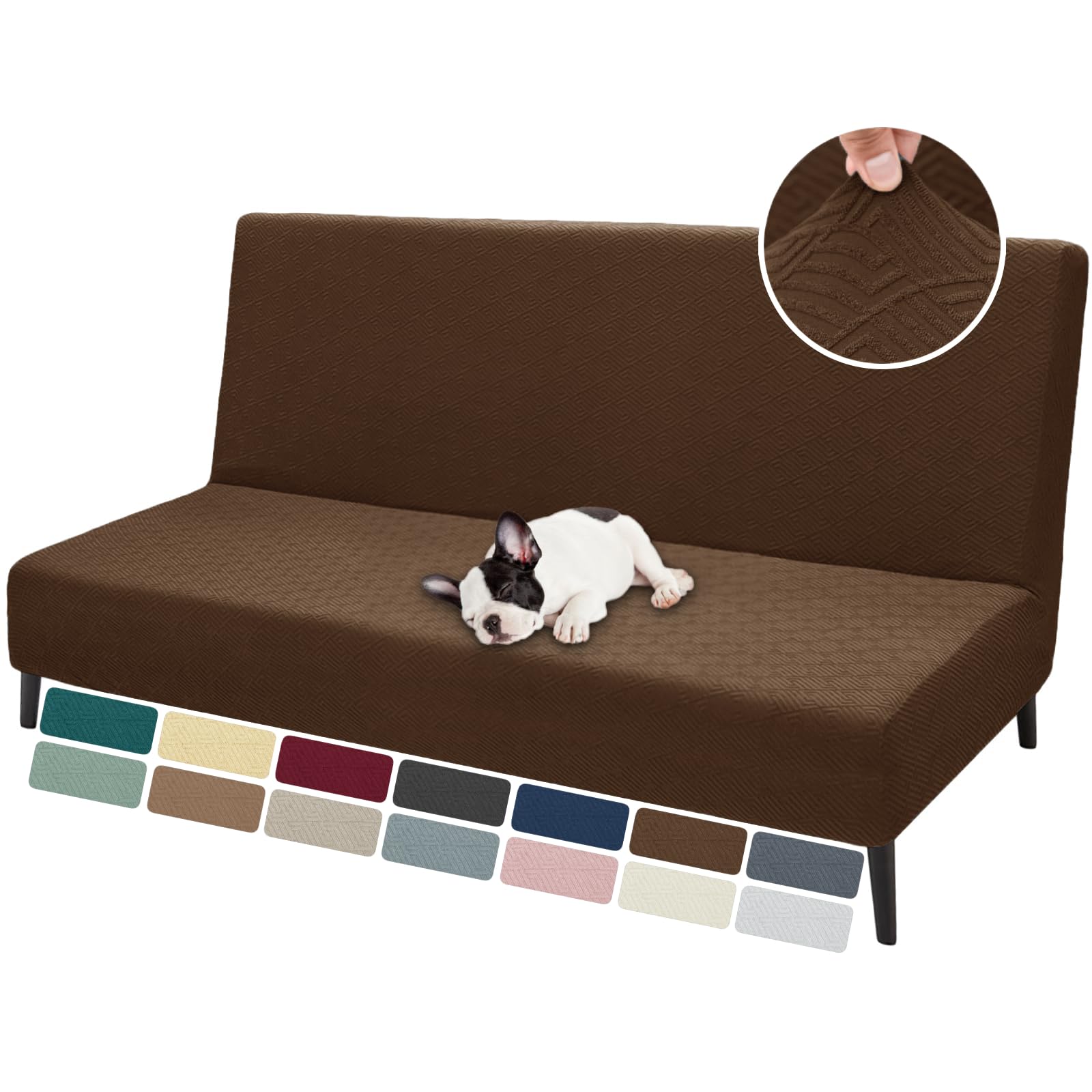 Znsayotx Armless Futon Covers Full Size (67'-82') Stretch Jacquard Sofa Bed Slipcovers, Striped Queen Futon Cover With Non-Slip Elastic Bottom, Soft Cozy Futon Mattress Cover Washable (Coffee)