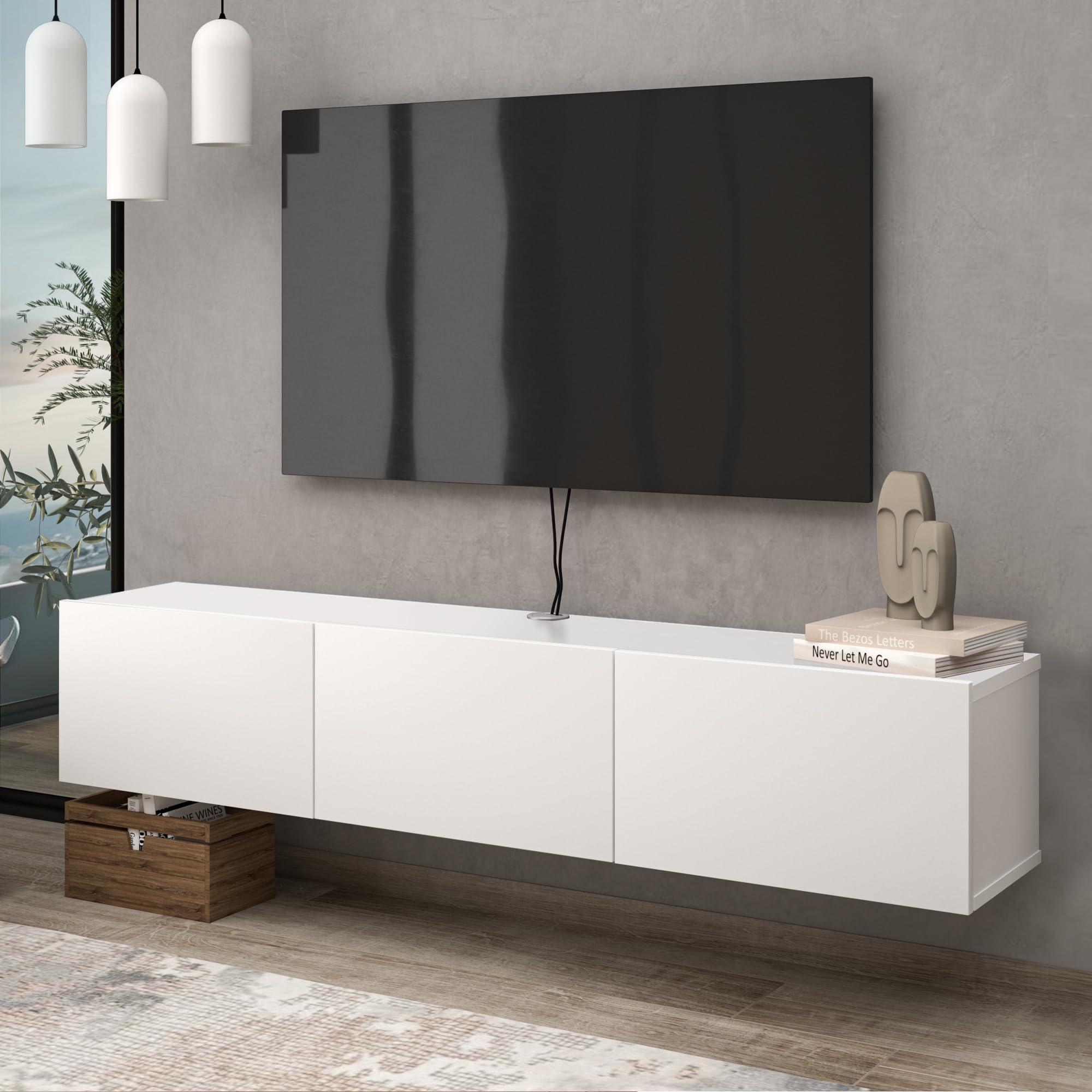 Atelier Mobili White Floating TV Stand, TV Stand up to 75 Inch TV, Floating TV Stand Wall Mounted, Floating Entertainment Center