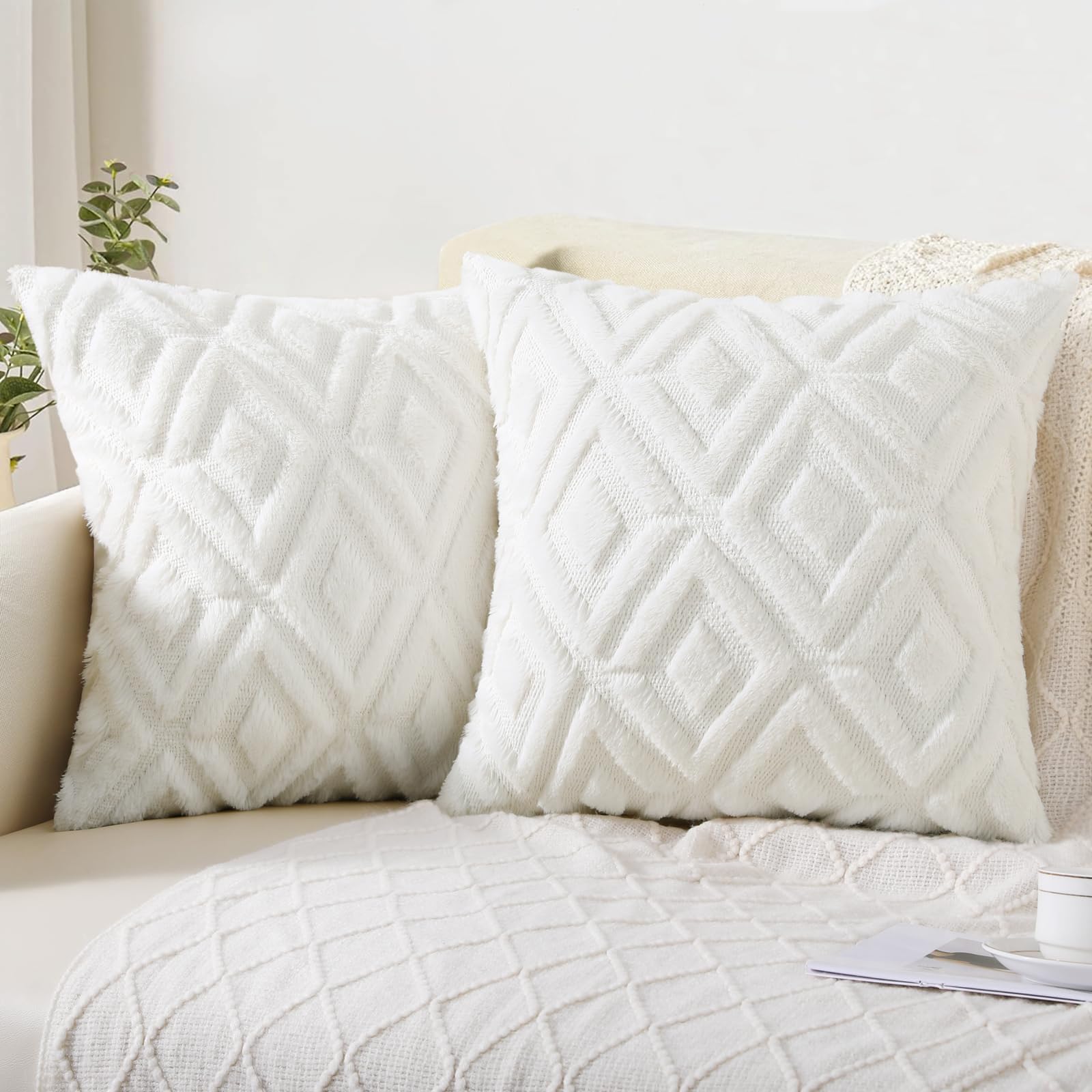 Pallene Spring Soft Faux Fur Throw Pillow Covers 16X16 Set Of 2 - Plush Wool Decorative Couch Pillow Covers For Sofa Bed Living